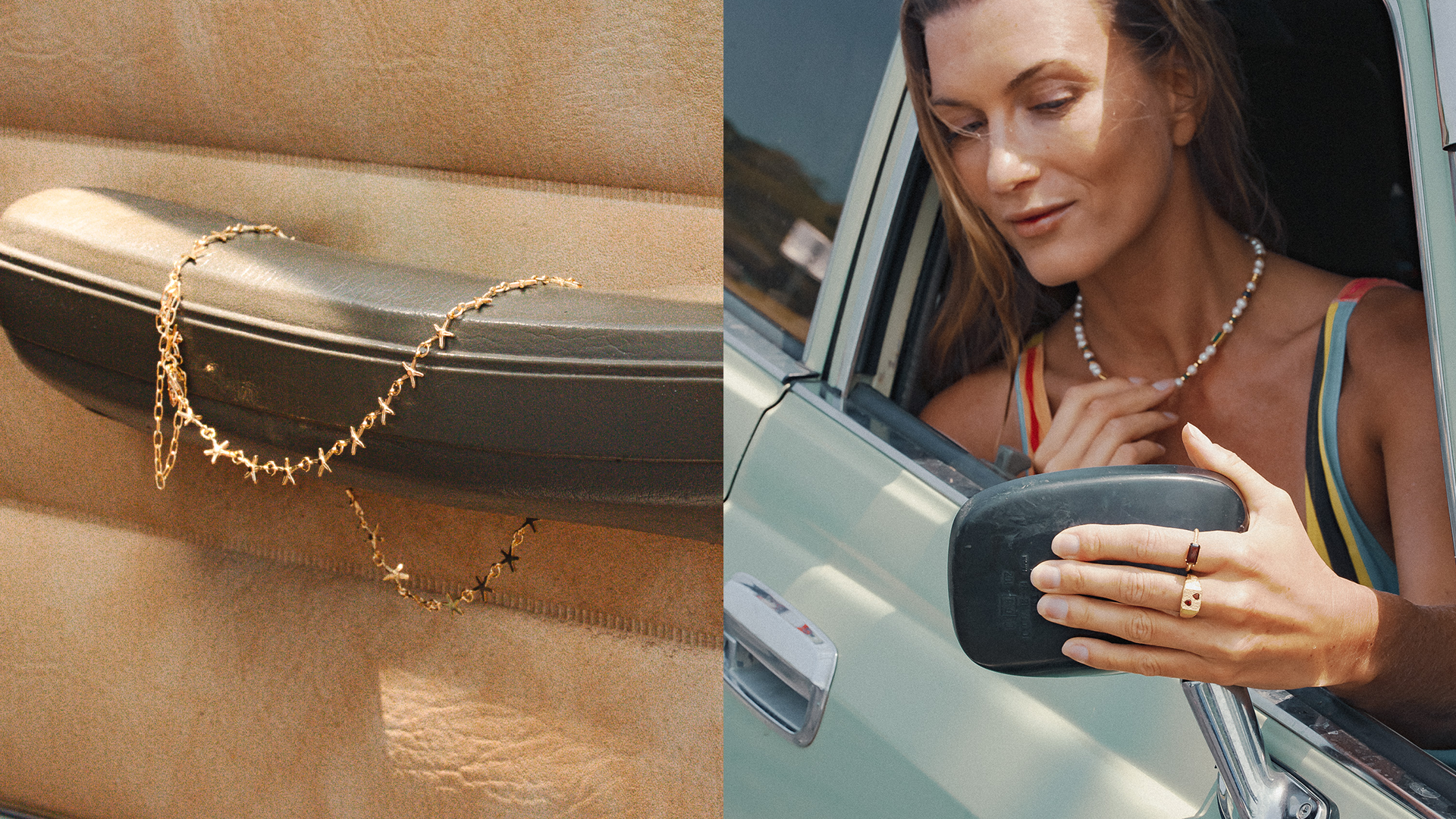 Gold necklace draped over a car door handle and a woman wearing a necklace inside a car.