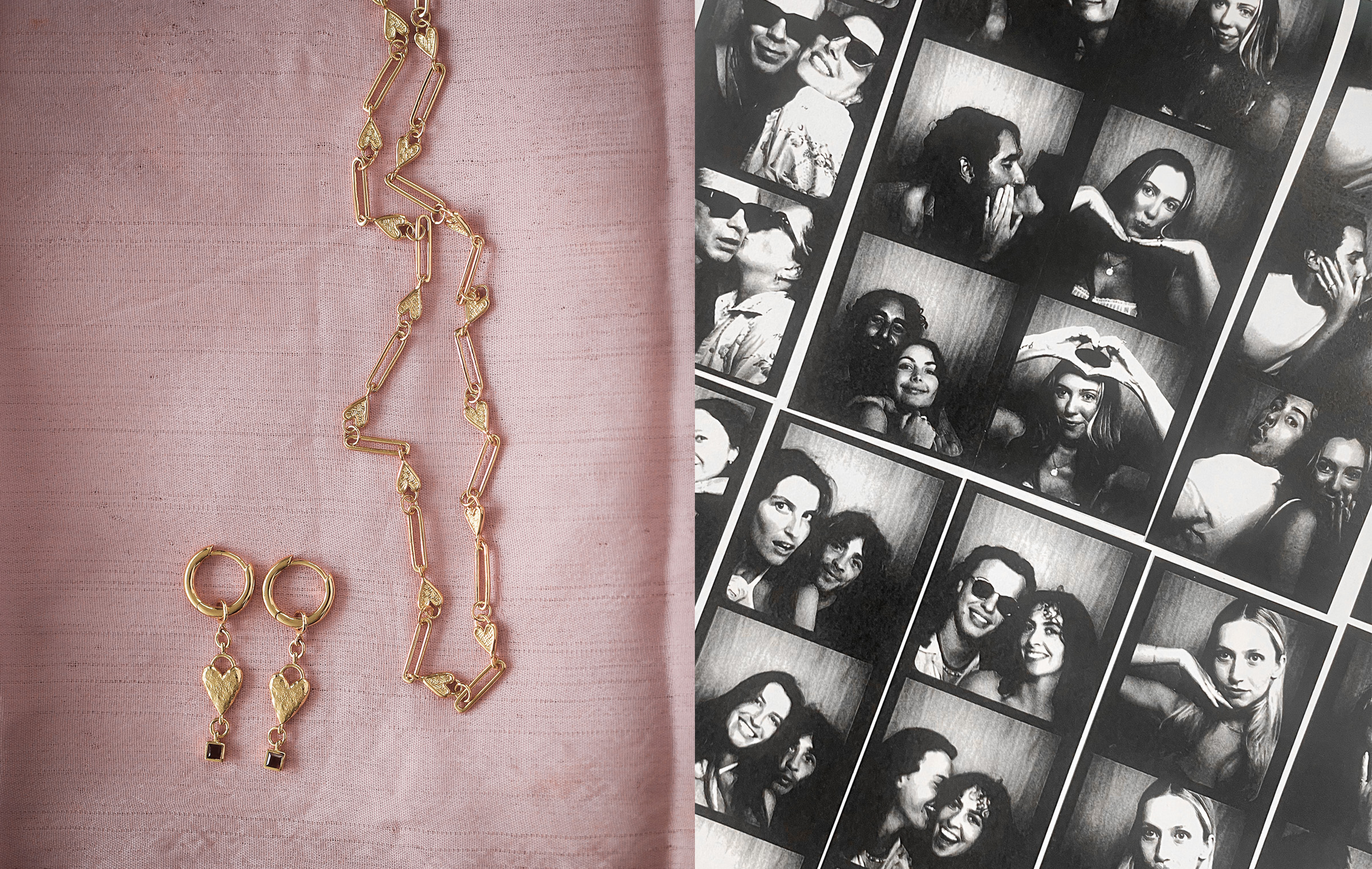 Gold necklace and earrings on a pink surface with a collage of black and white photos in the background.
