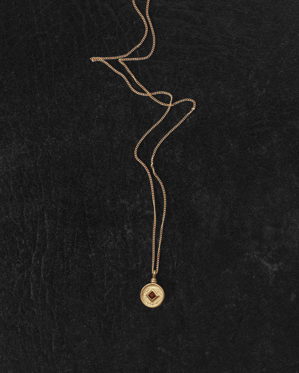 Blaze Coin Necklace Gold Vermeil on dark leather