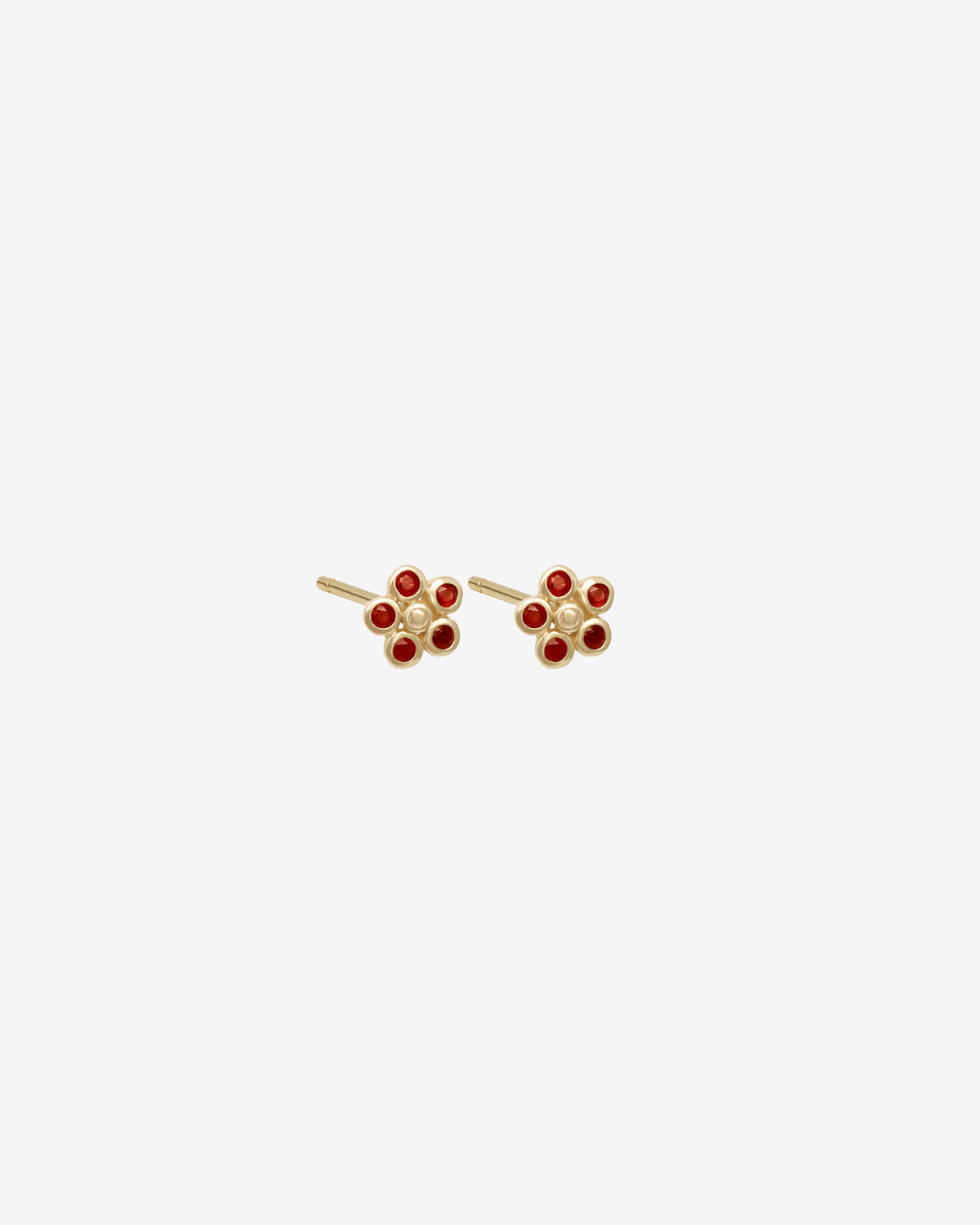 Daisy Ruby Earrings Solid Gold, daisy studs set with five rubies each