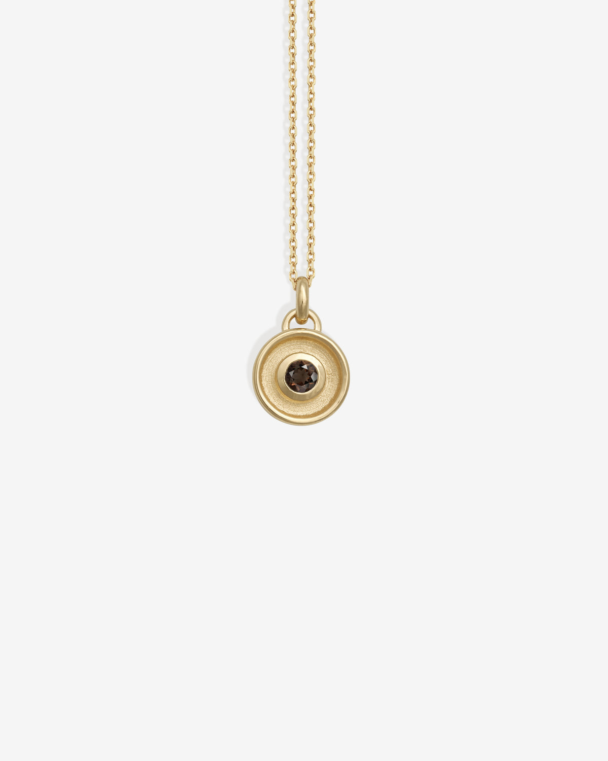 Element Earth Quartz Necklace Solid Gold, a coin pendant set with smoky quartz