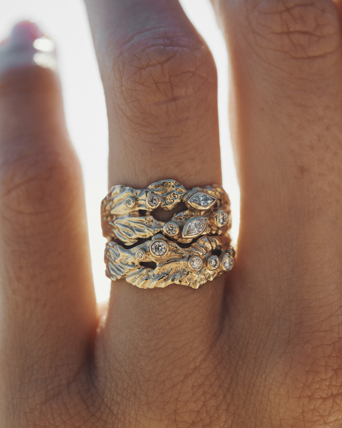 Gaia I and Gaia II Diamond Rings in solid gold, worn