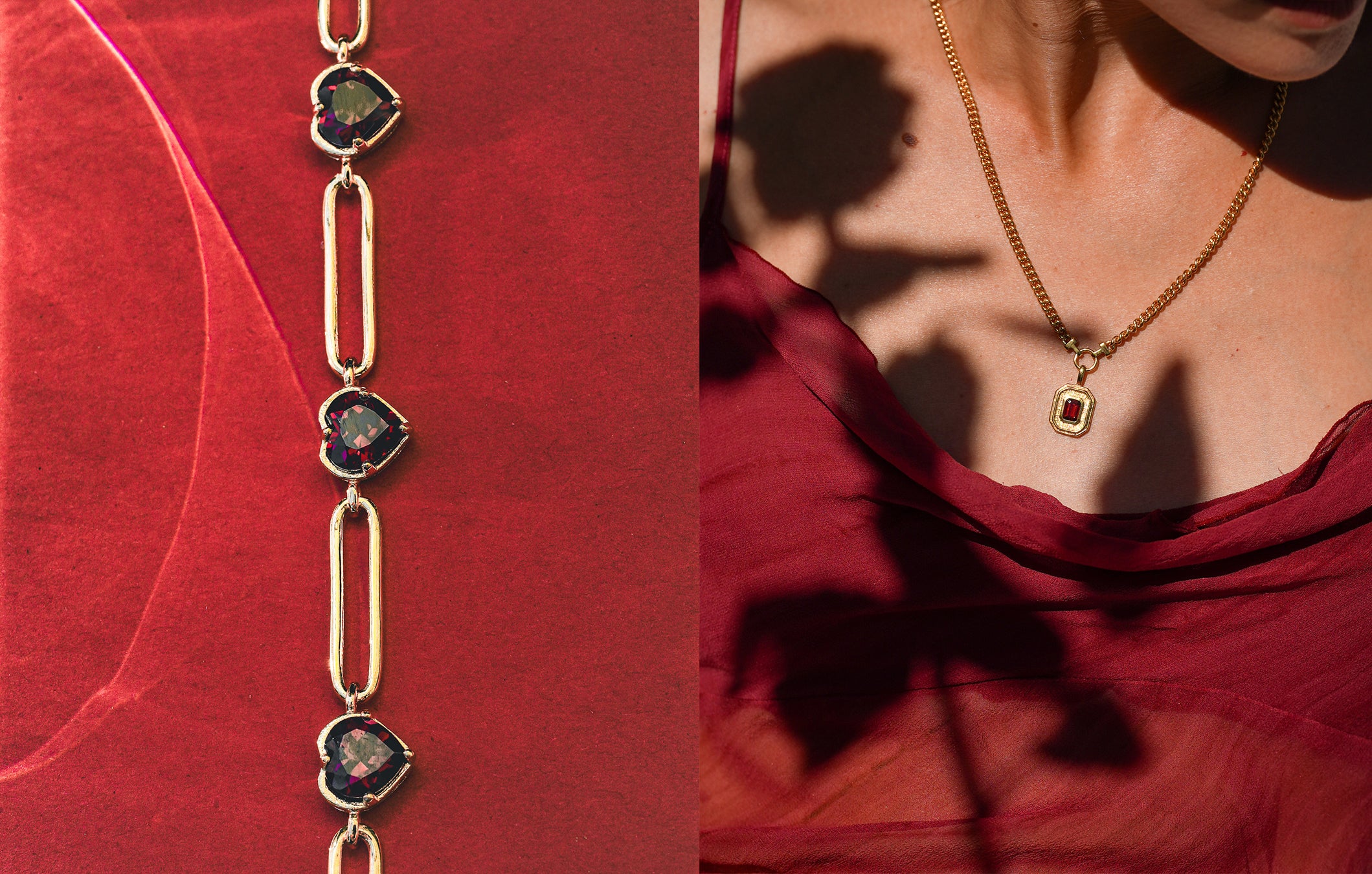 Gold necklace with heart-shaped pendants on a red fabric background