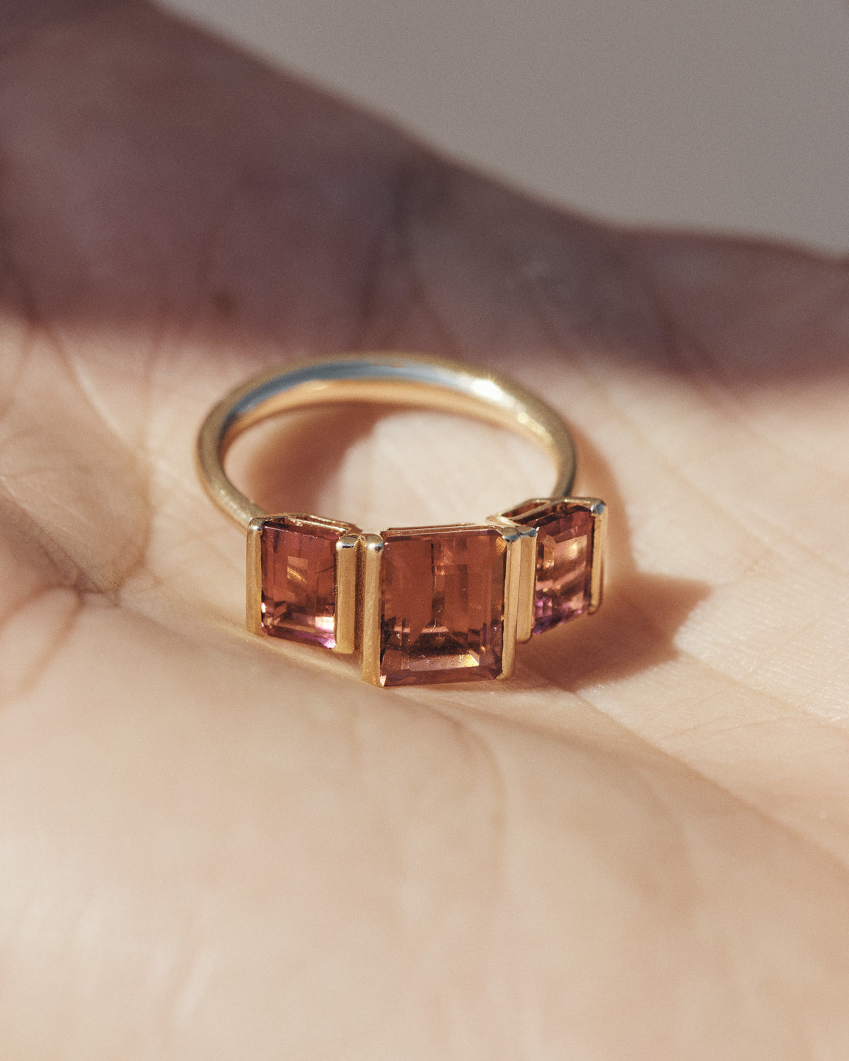 Ines Pink Tourmaline Trilogy Ring Solid Gold, worn on the hand