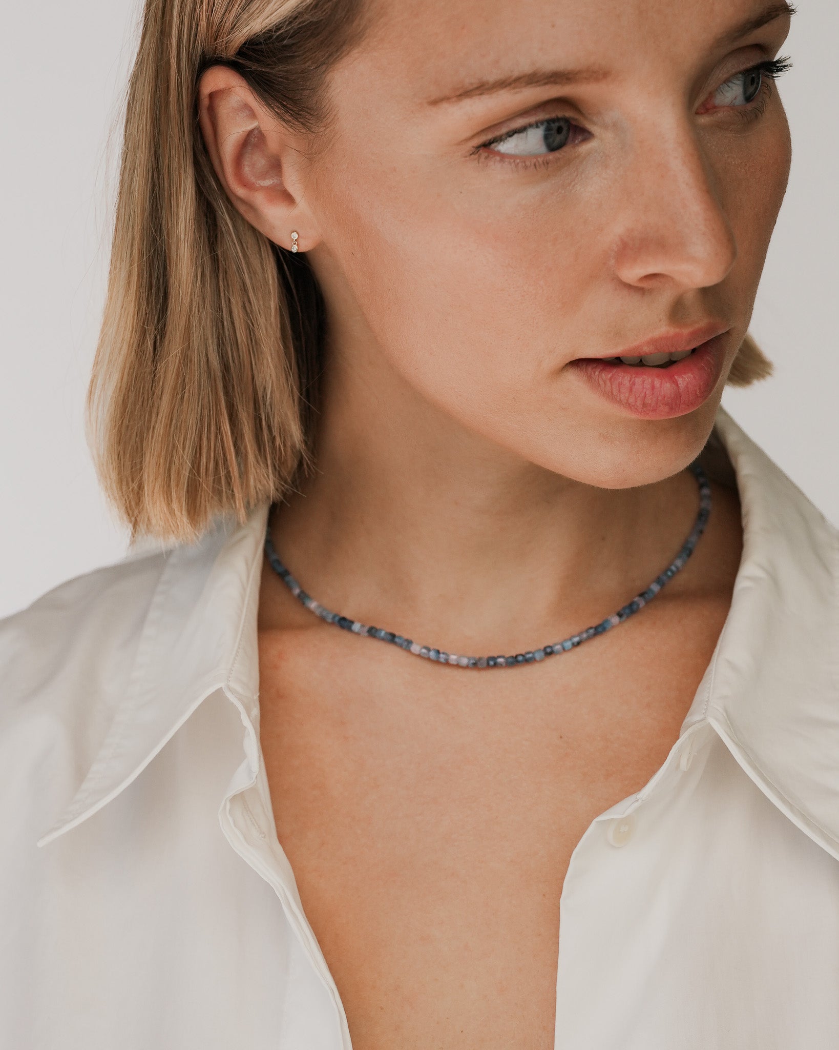 Lucien Santa Marie Aquamarine Bead Necklace Solid Gold