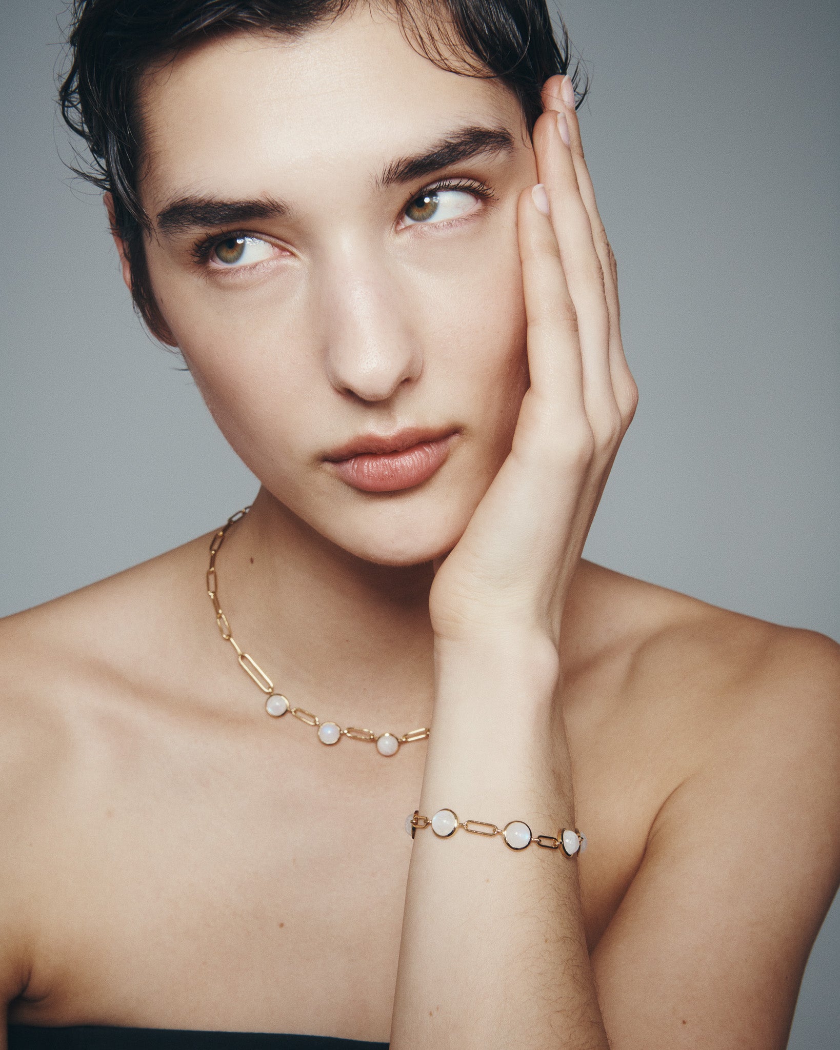 Lumi Necklace and Lumi Bracelet in Gold Vermeil, worn