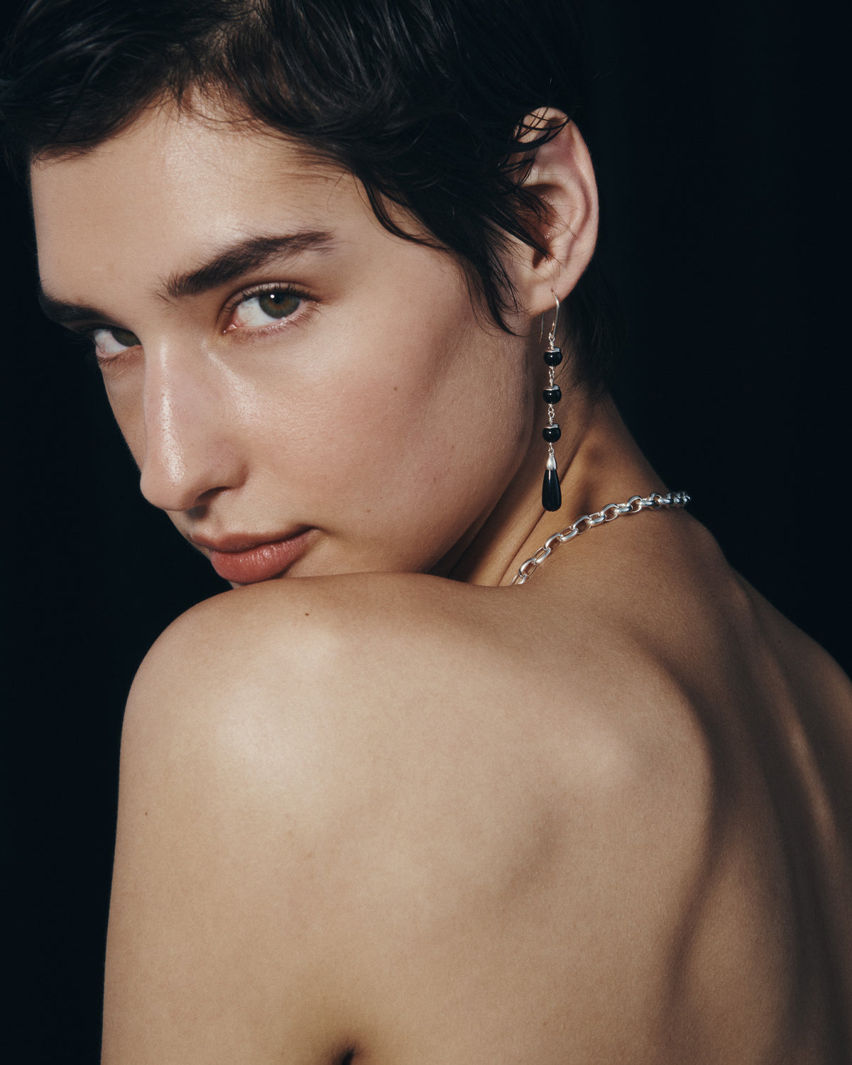 Sita Earrings and Sita Beaded Necklace in Silver, worn
