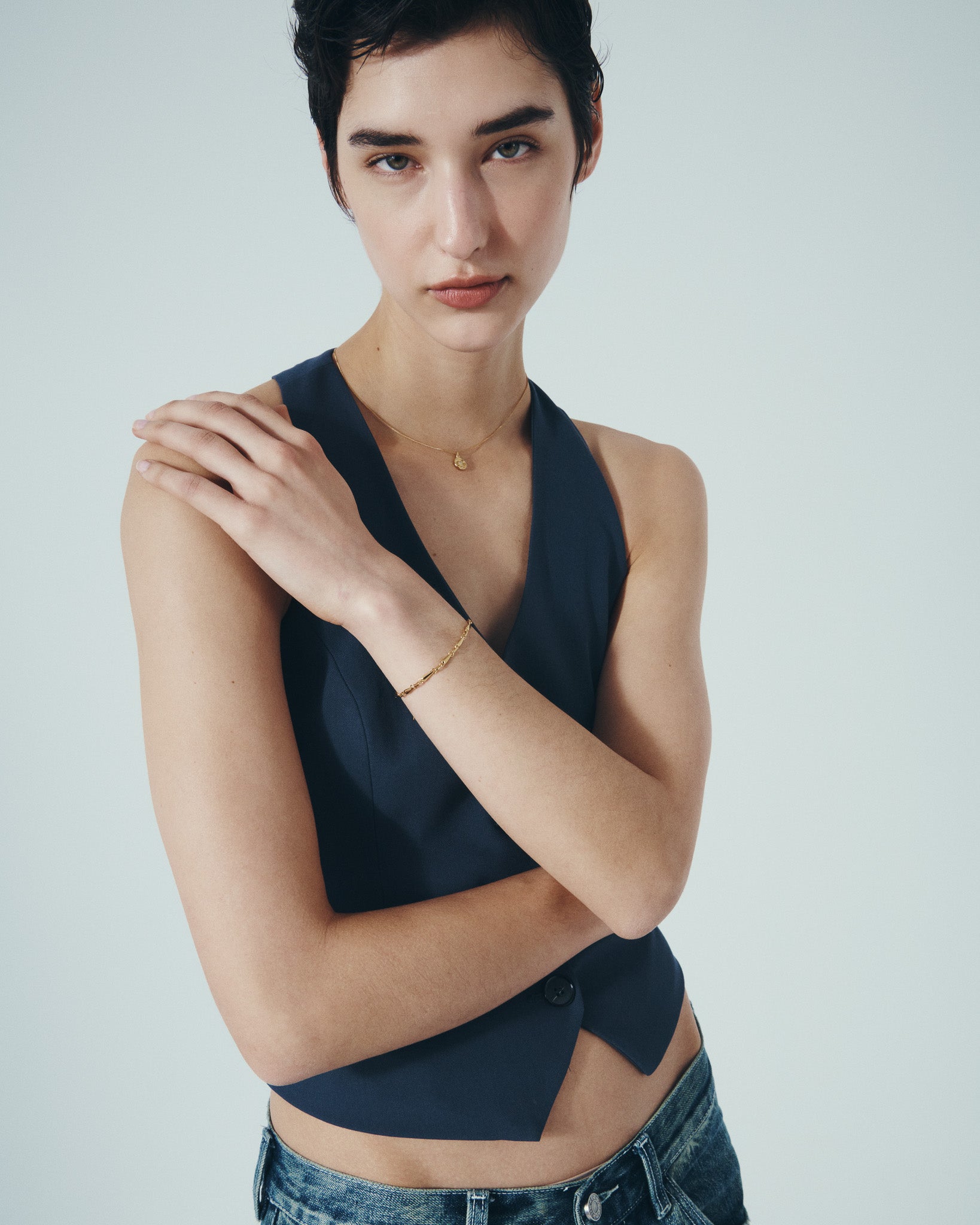 Soma Coin Necklace and Stilla Bracelet in Gold Vermeil, worn