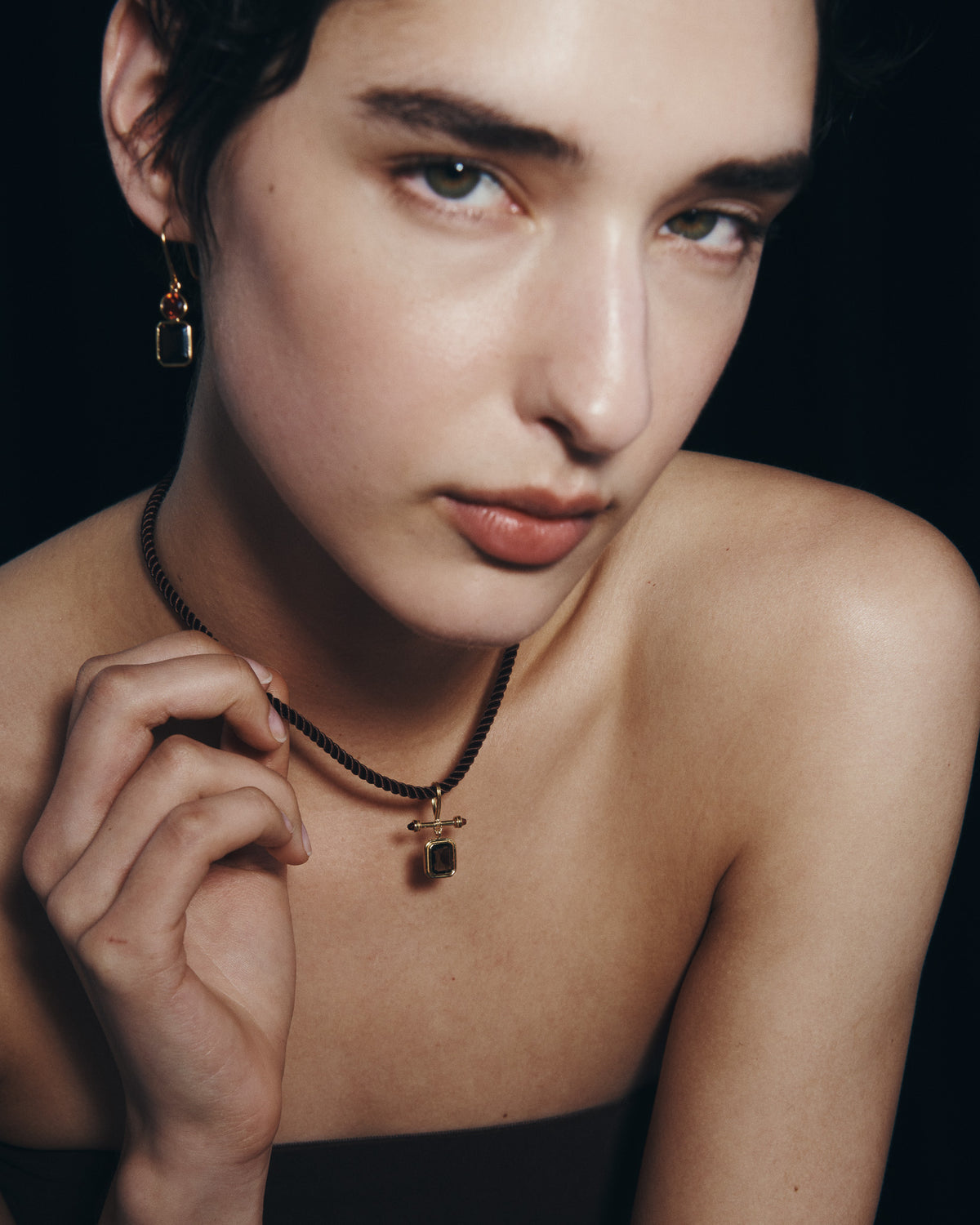 Umber Earrings and Umber Necklace in Gold Vermeil, worn