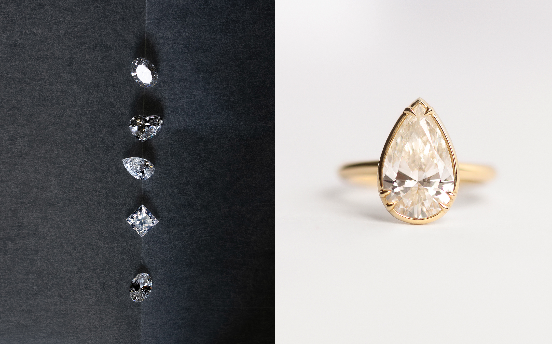 Diamonds on a black background and a gold ring with a pear-shaped diamond on a white background.