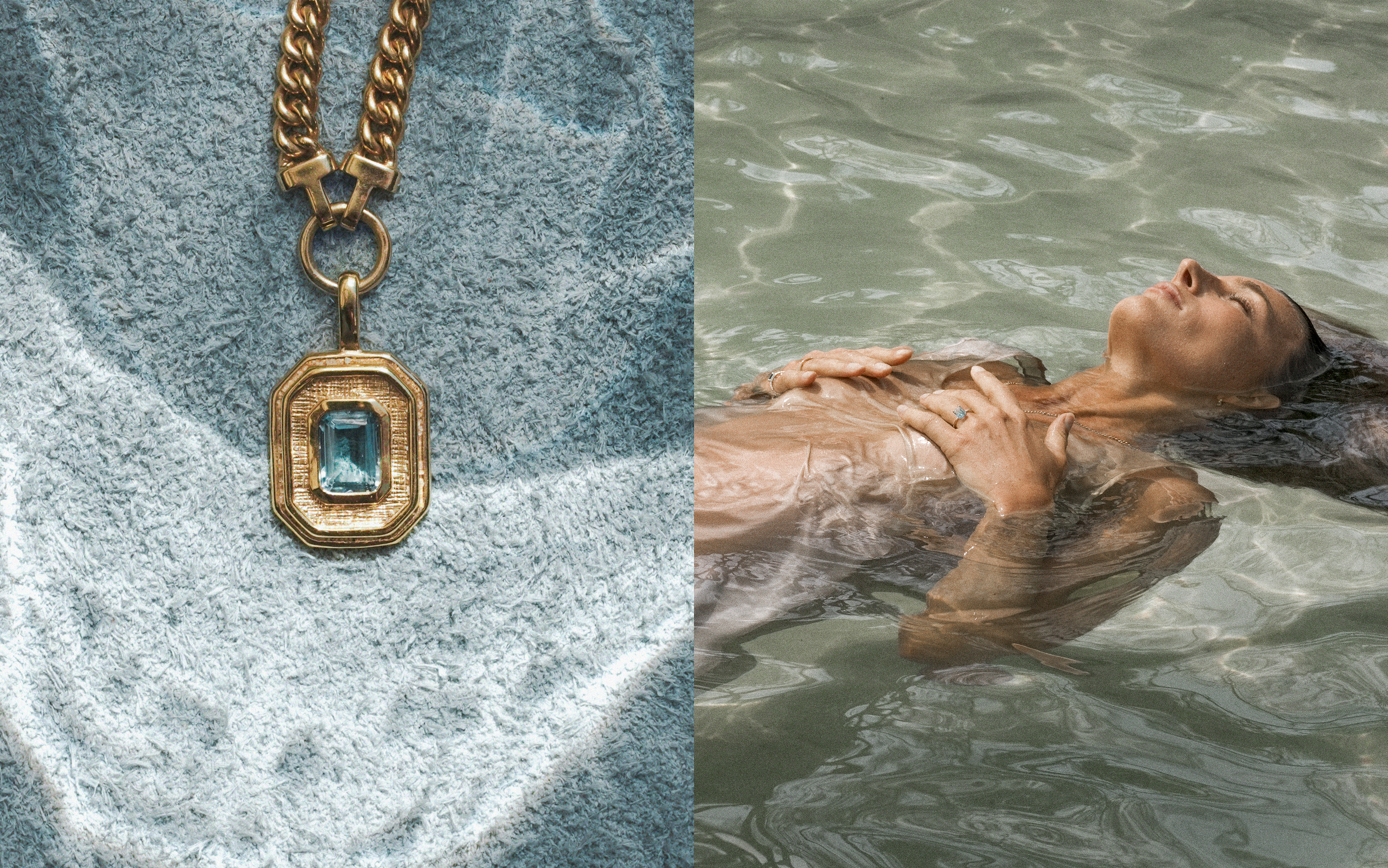 Gold necklace with a blue gemstone on a textured surface, next to a person submerged in water.