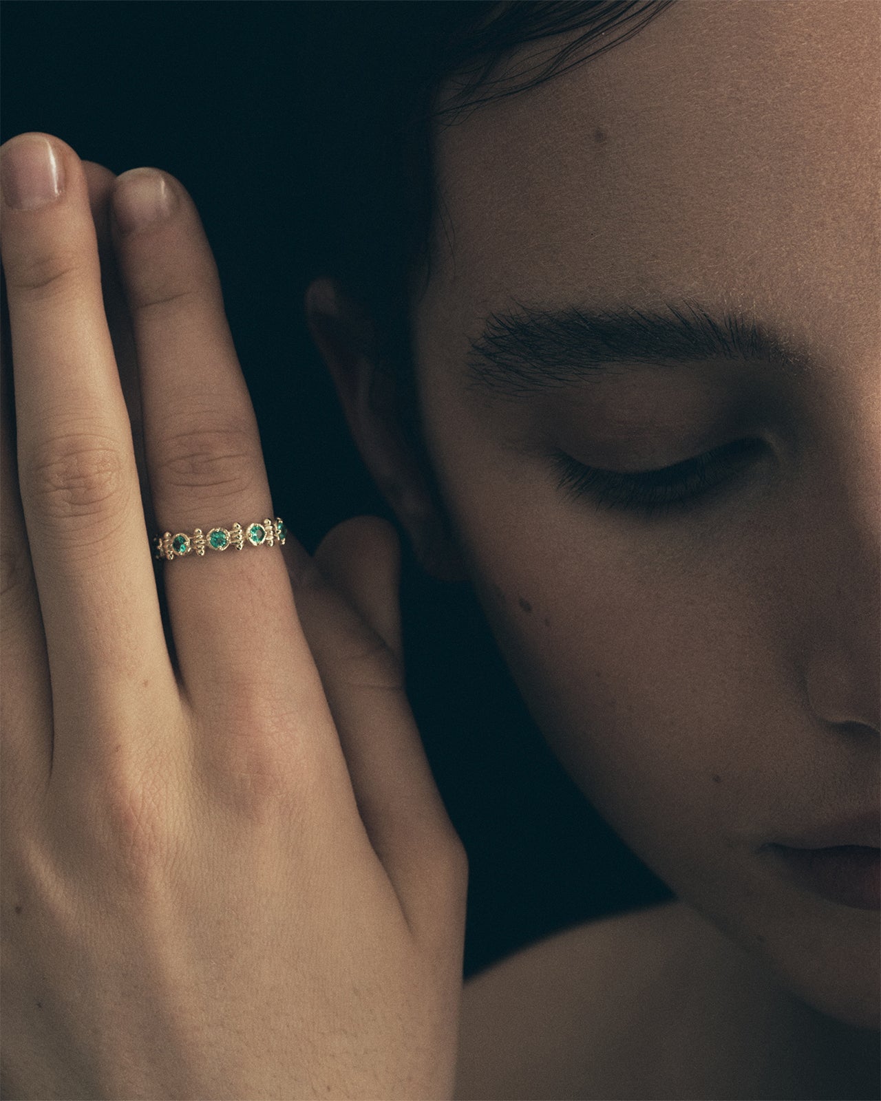 Temple of the Sun Asteria Half Eternity Ring Emerald Solid Gold