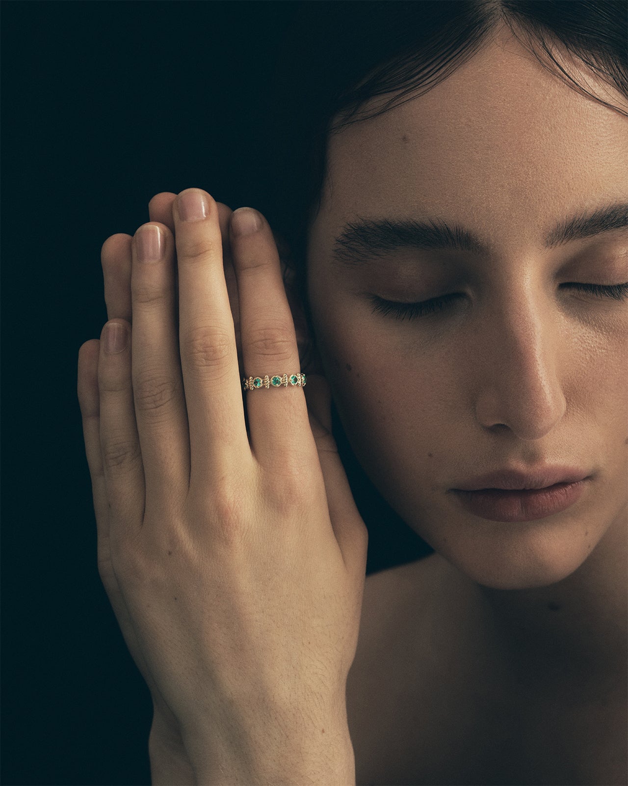 Temple of the Sun Asteria Half Eternity Ring Emerald Solid Gold