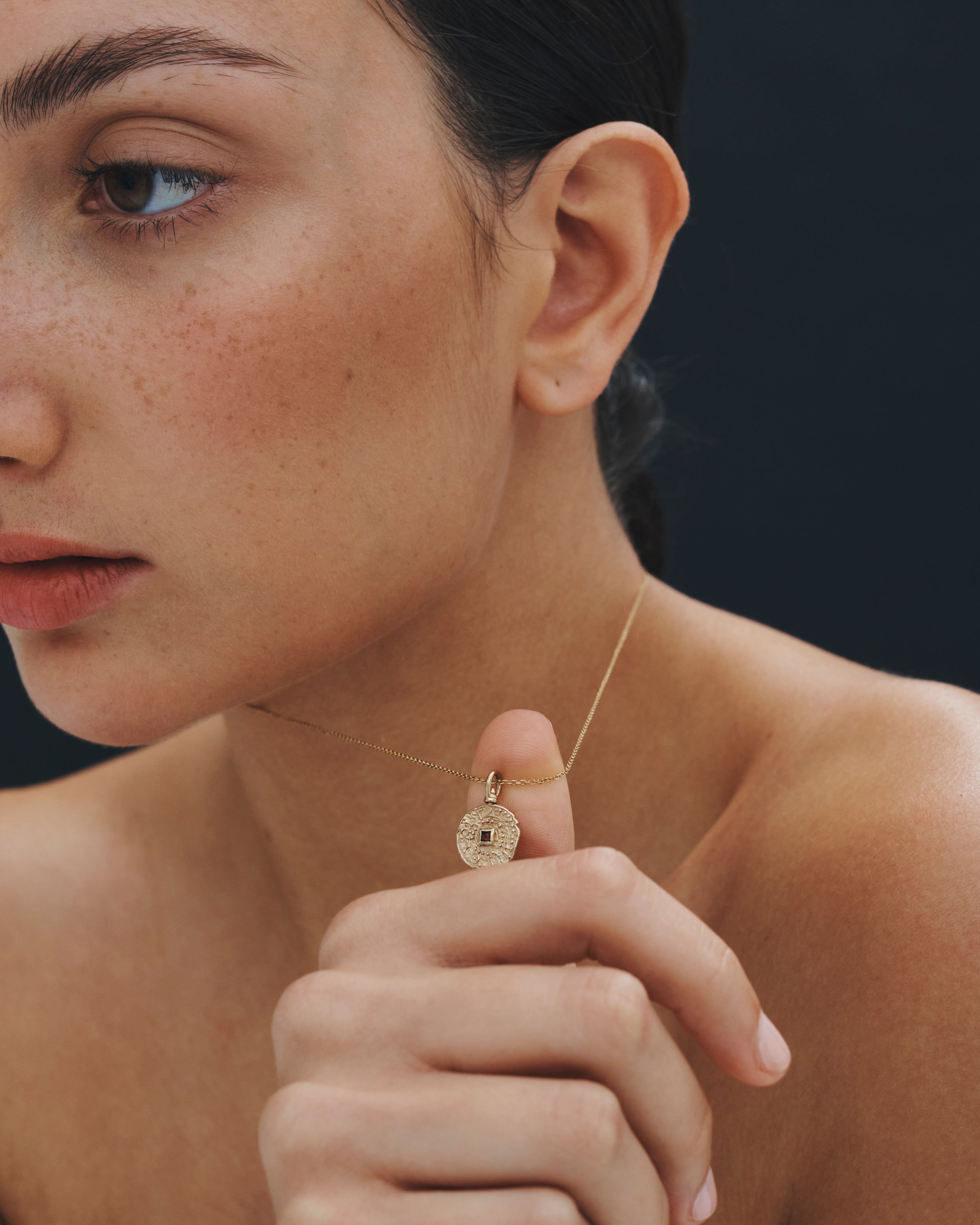 Temple of the Sun Atlantis Coin Necklace Garnet Solid Gold