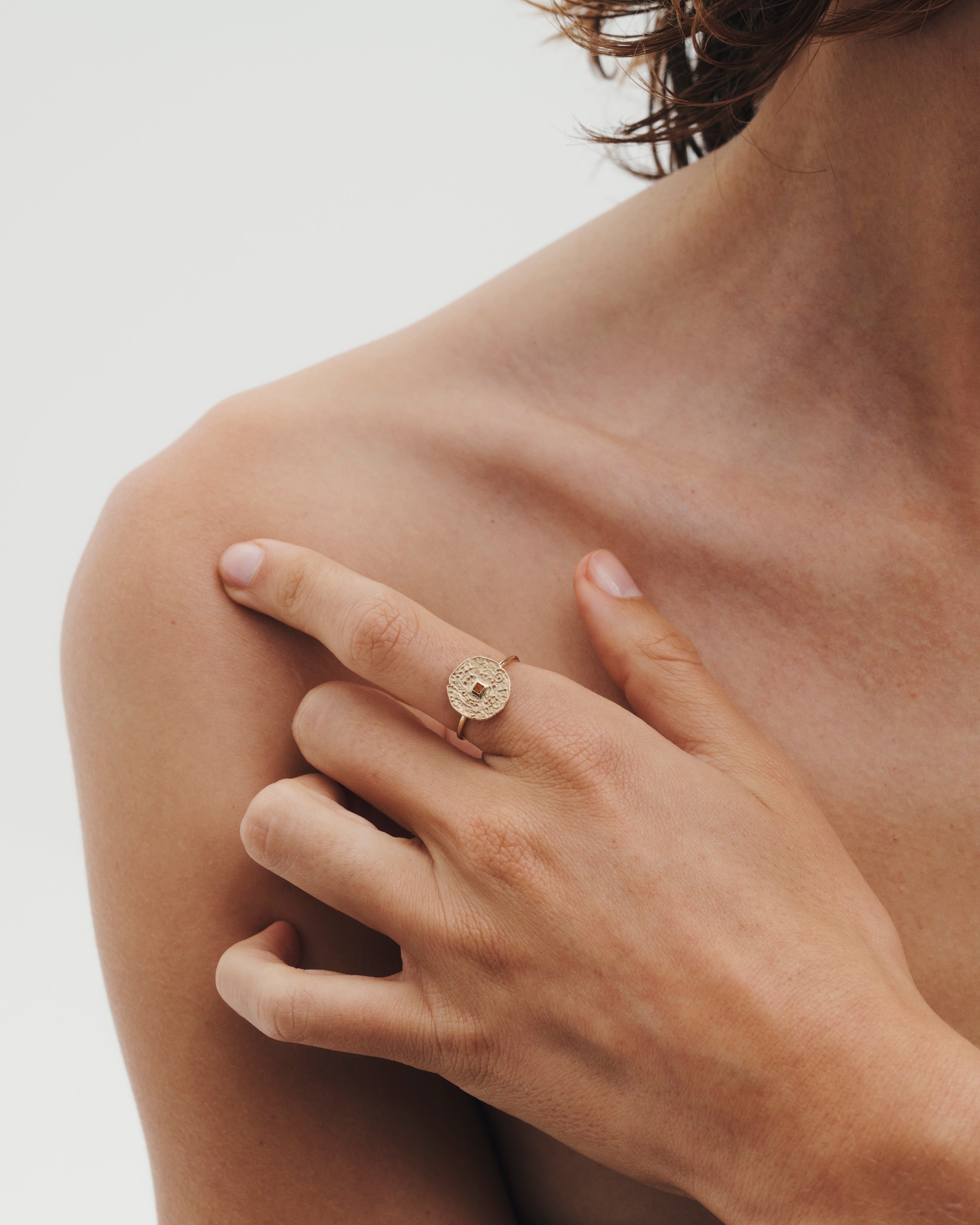 Temple of the Sun Atlantis Coin Ring Garnet Solid Gold