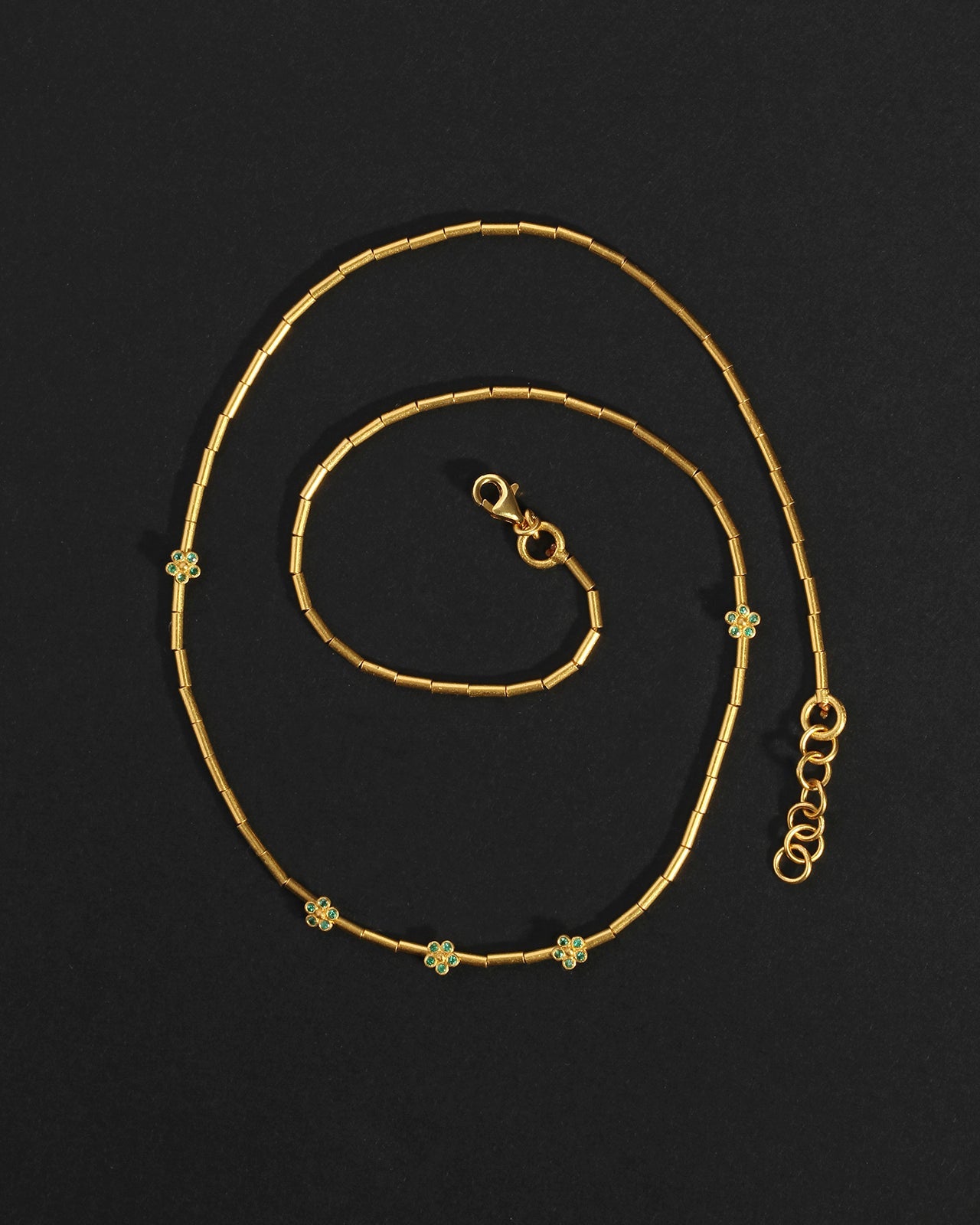 Temple of the Sun Daisy Beaded Necklace Emerald Solid Gold