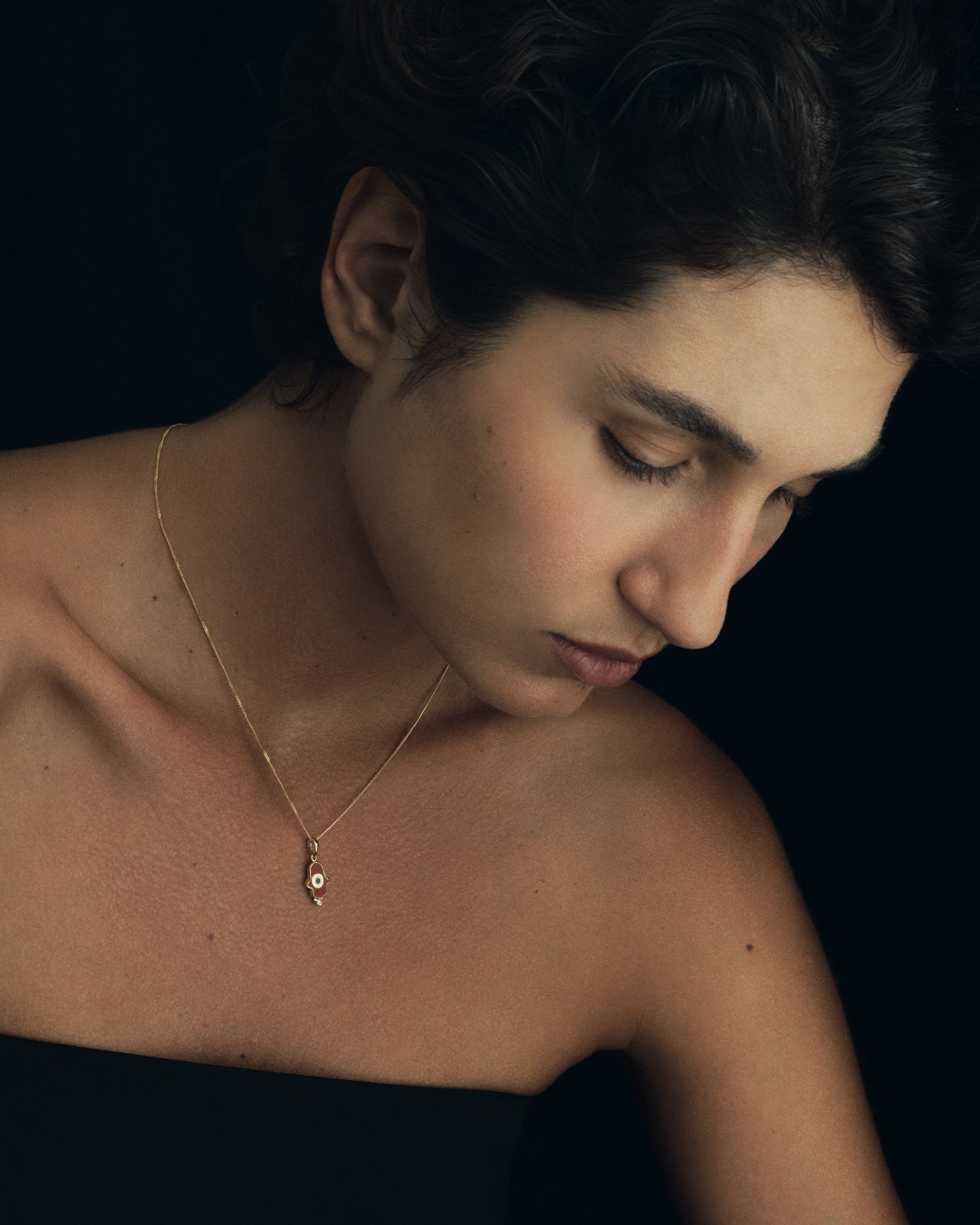 Temple of the Sun Hamsa Rust Necklace White Diamond Solid Gold