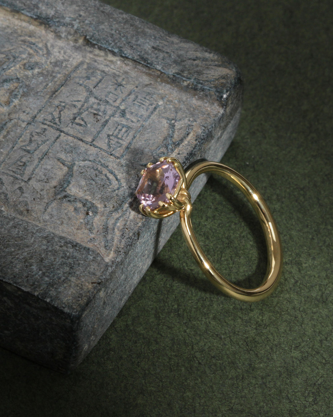 Temple of the Sun Allium Hexagon Solitaire Ring Amethyst Solid Gold