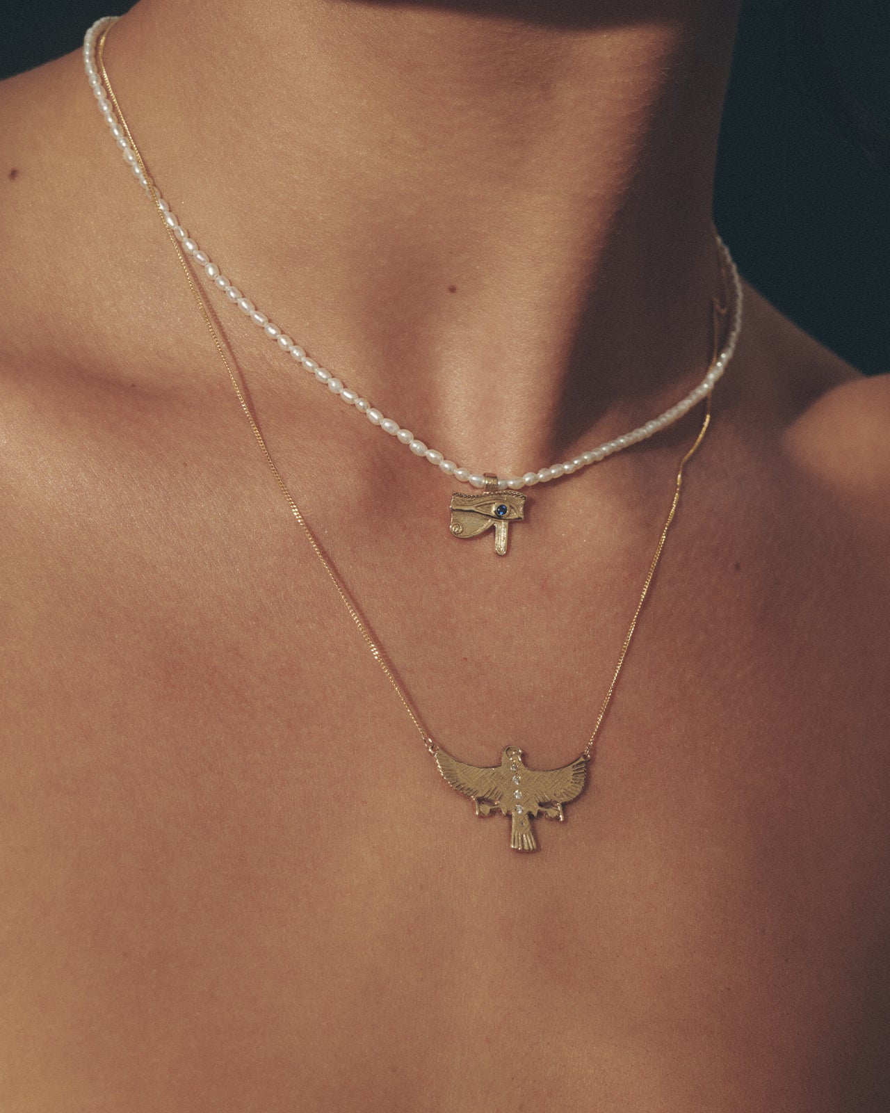 Temple of the Sun Eye of Horus Beaded Necklace Solid Gold