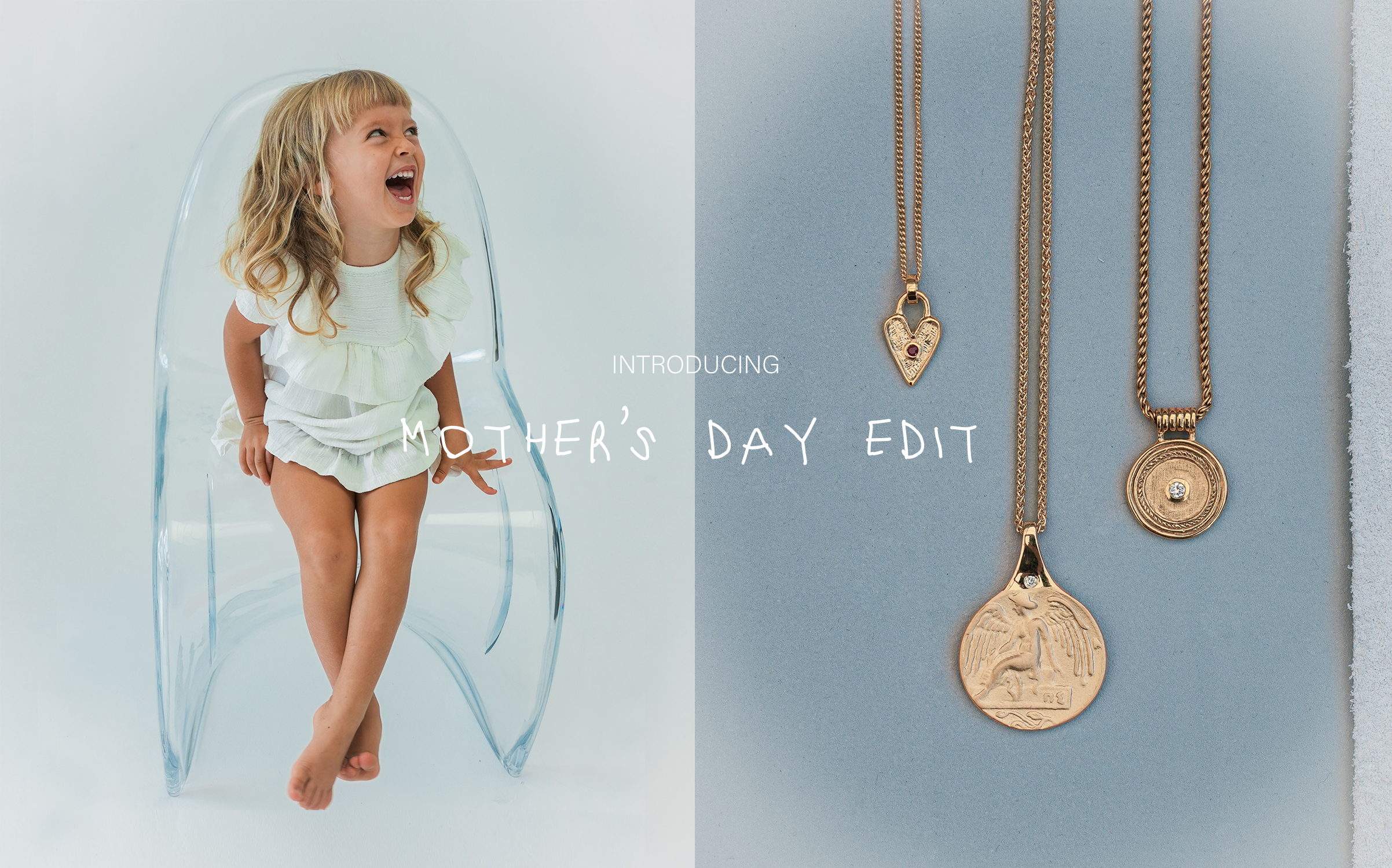 Child in angel wings with gold necklaces on a light blue background, introducing 'Mother's Day Edit'.