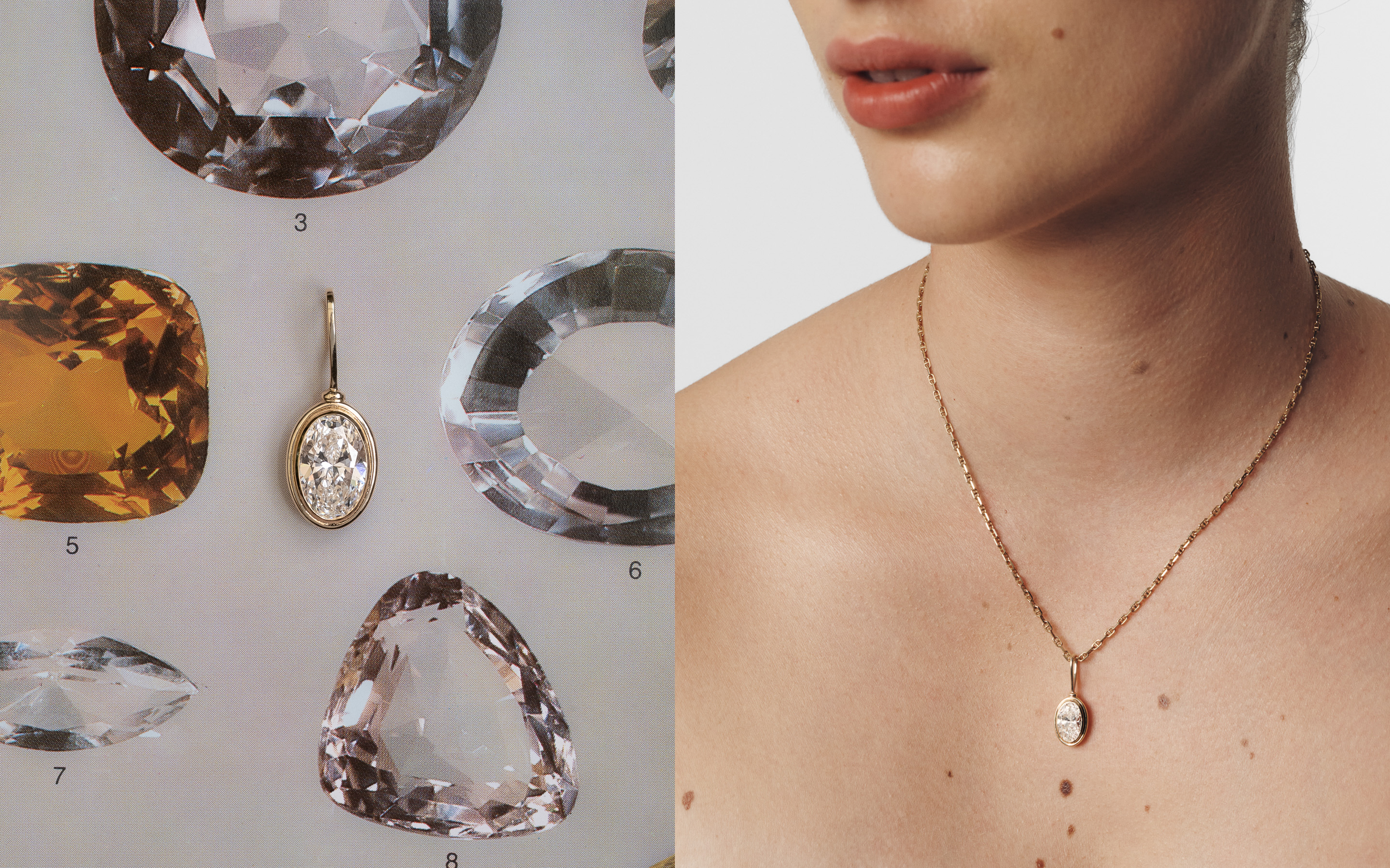 Jewelry display with various gemstones and a necklace on a neutral background