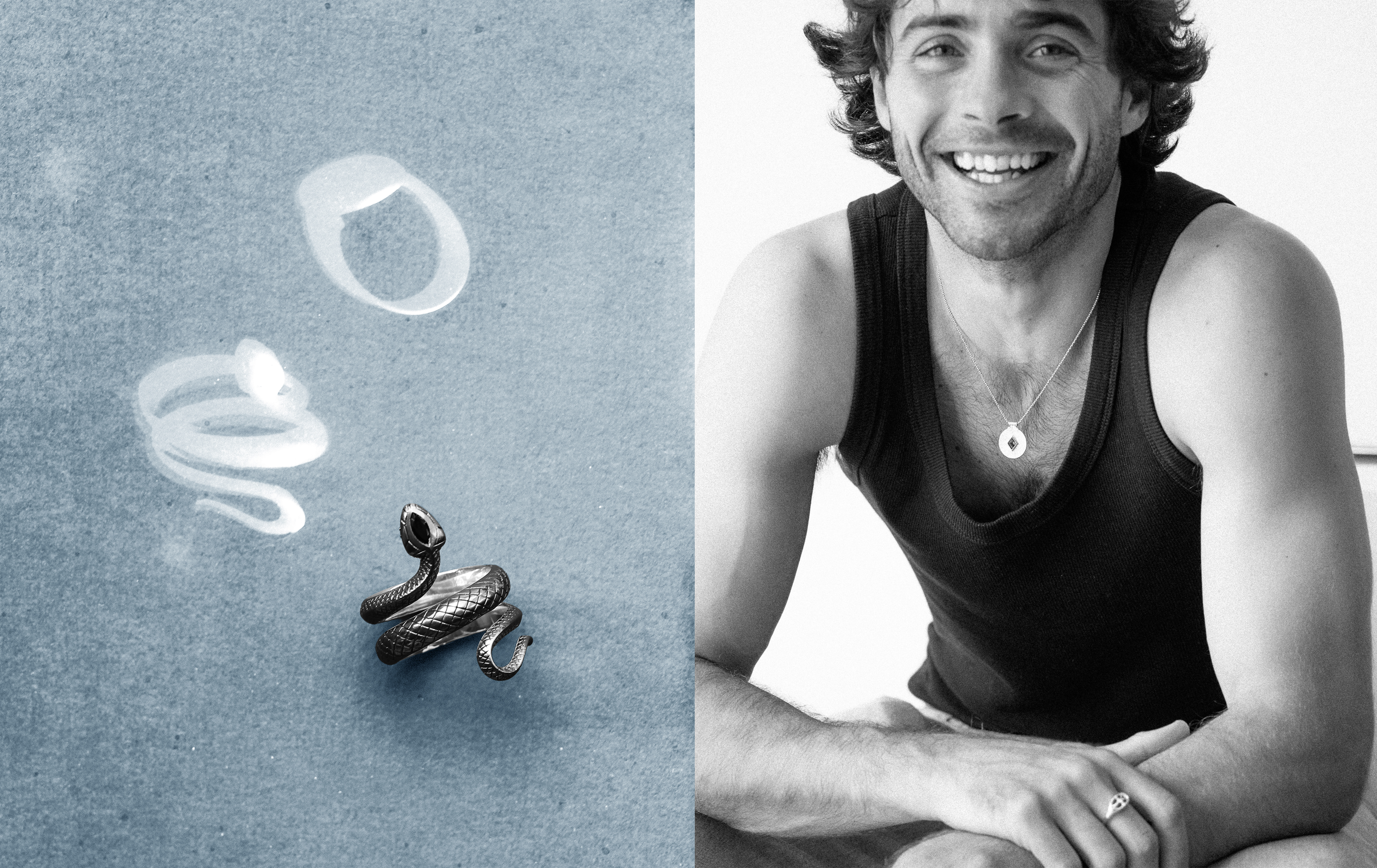 Black and white photo of a man with a snake ring on a textured gray background