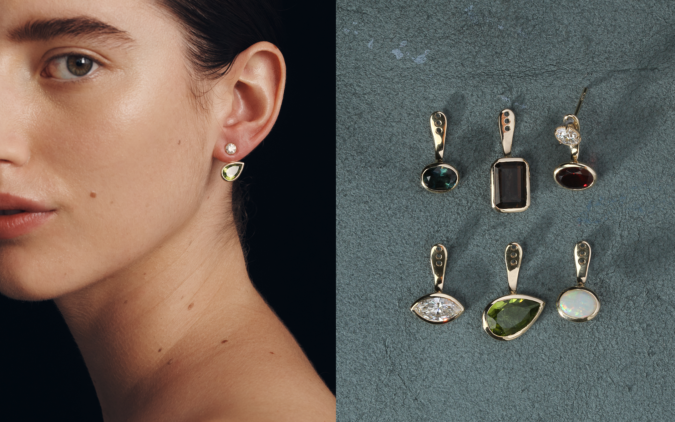 Close-up of a person wearing earrings with a display of various earrings on a textured surface.