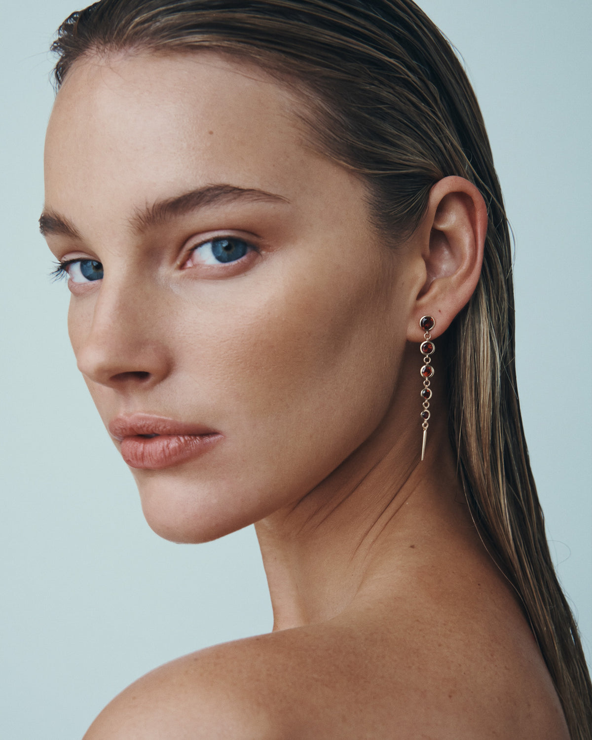 Aten Garnet Earrings Solid Gold, worn