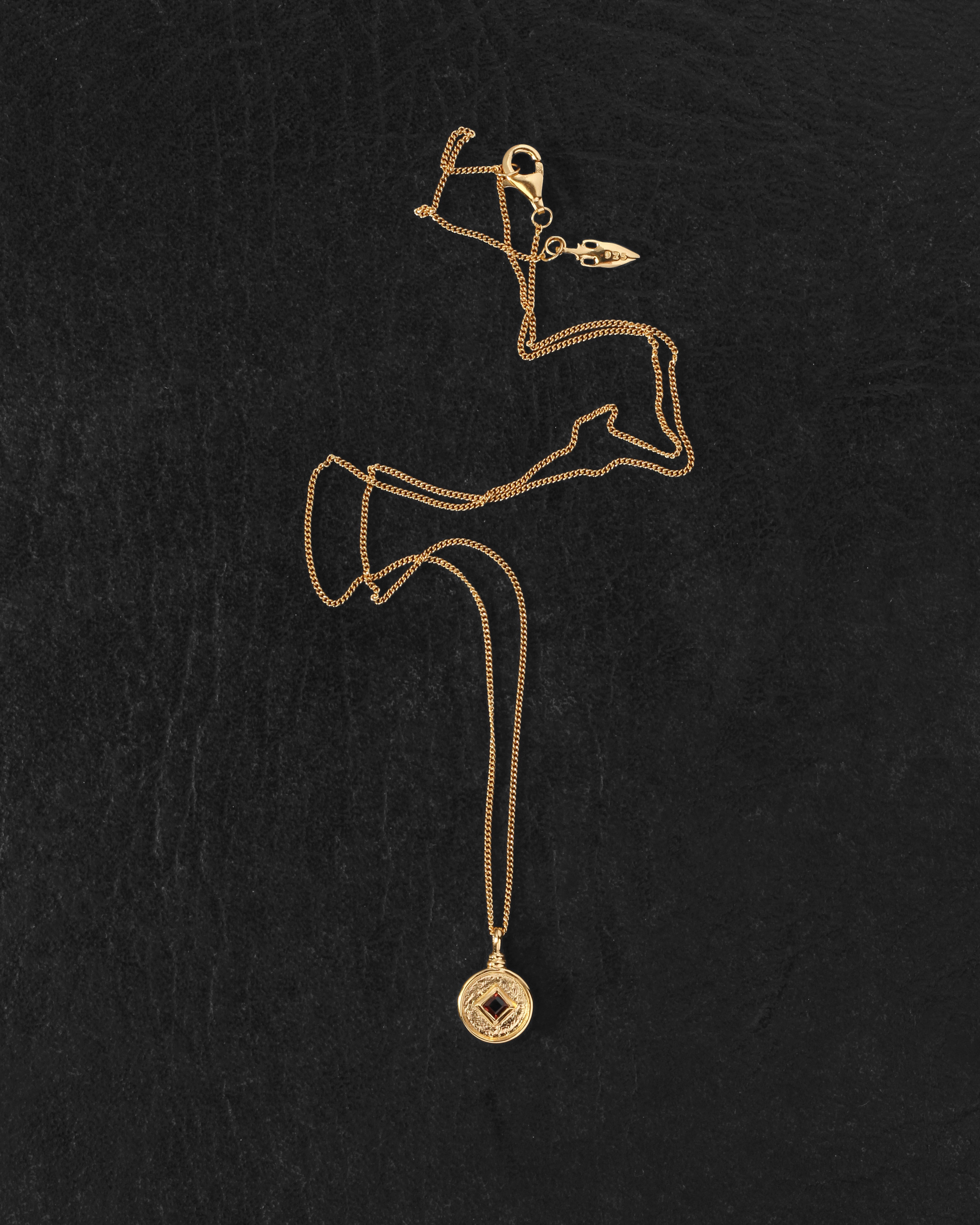 Blaze Coin Necklace Gold Vermeil on dark leather