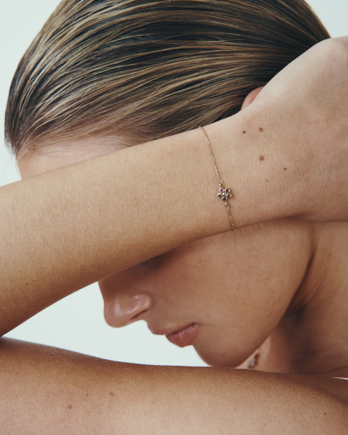 Daisy Ruby Bracelet Solid Gold, worn