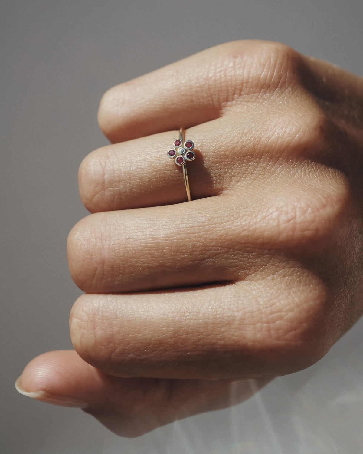 Daisy Ruby Ring Solid Gold, worn