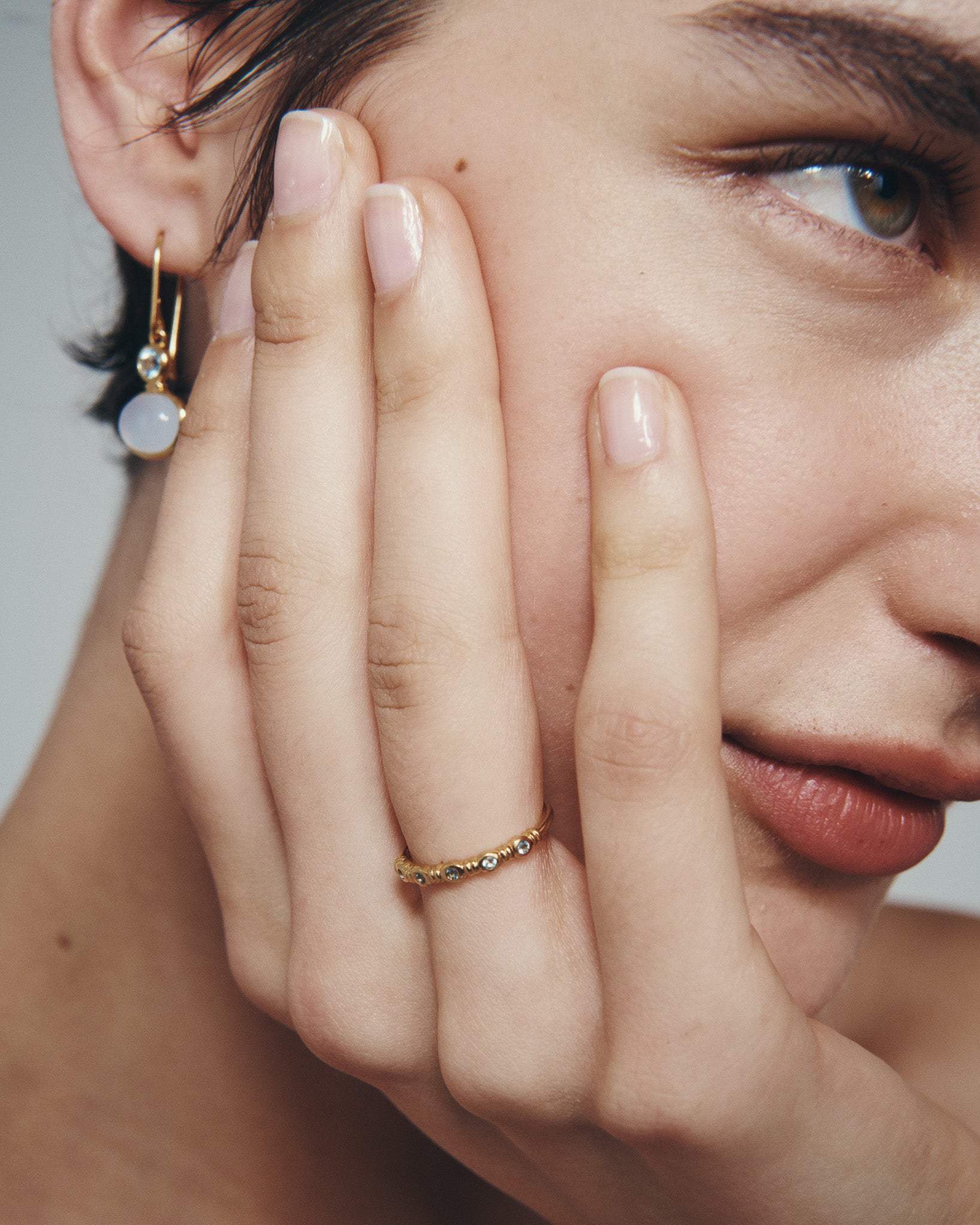 Ether Earrings and Aqua Ring in Gold Vermeil, worn