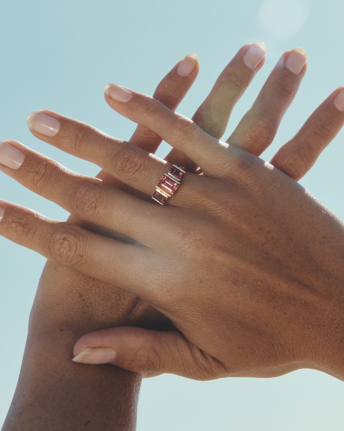 Ines Pink Tourmaline Trilogy Ring Solid Gold, worn on the hand