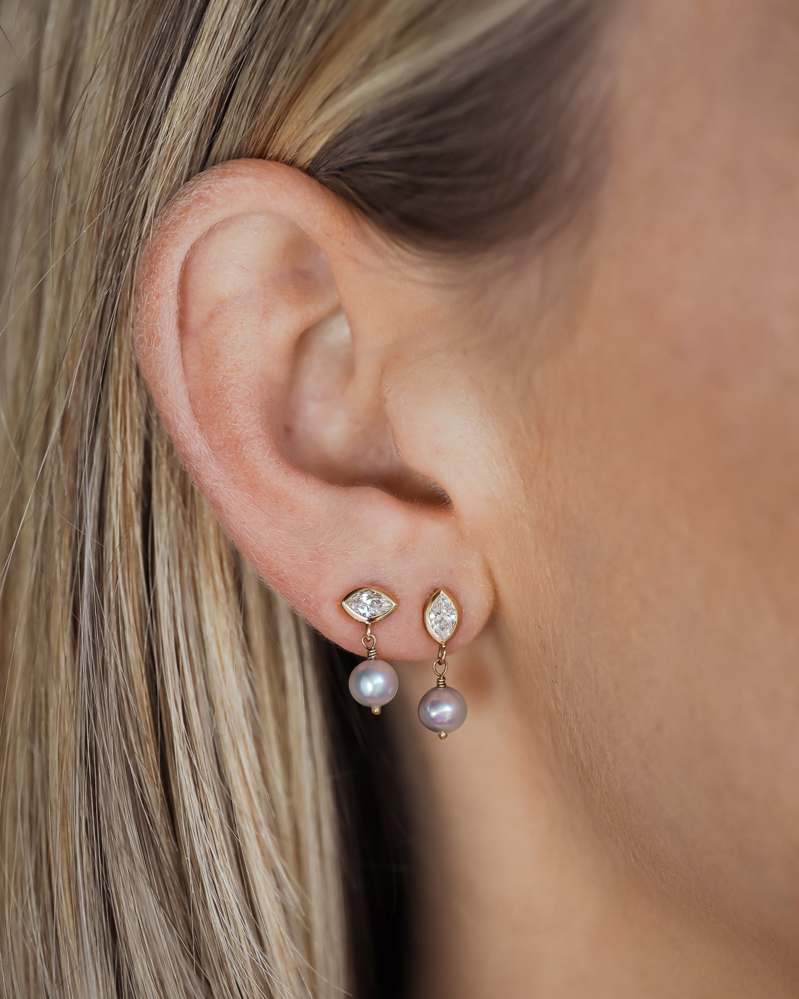 Mer Drop Earrings Pearl Diamond Solid Gold