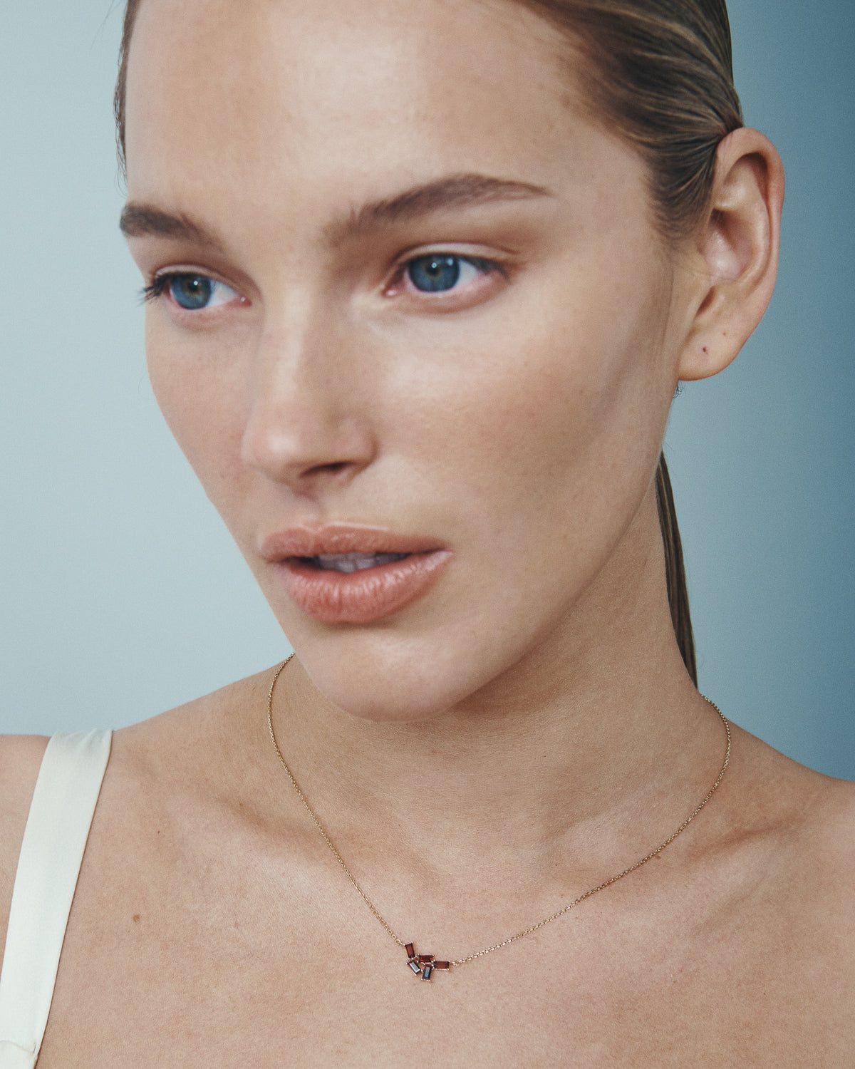 Monti Garnet Necklace Solid Gold, worn at the neck