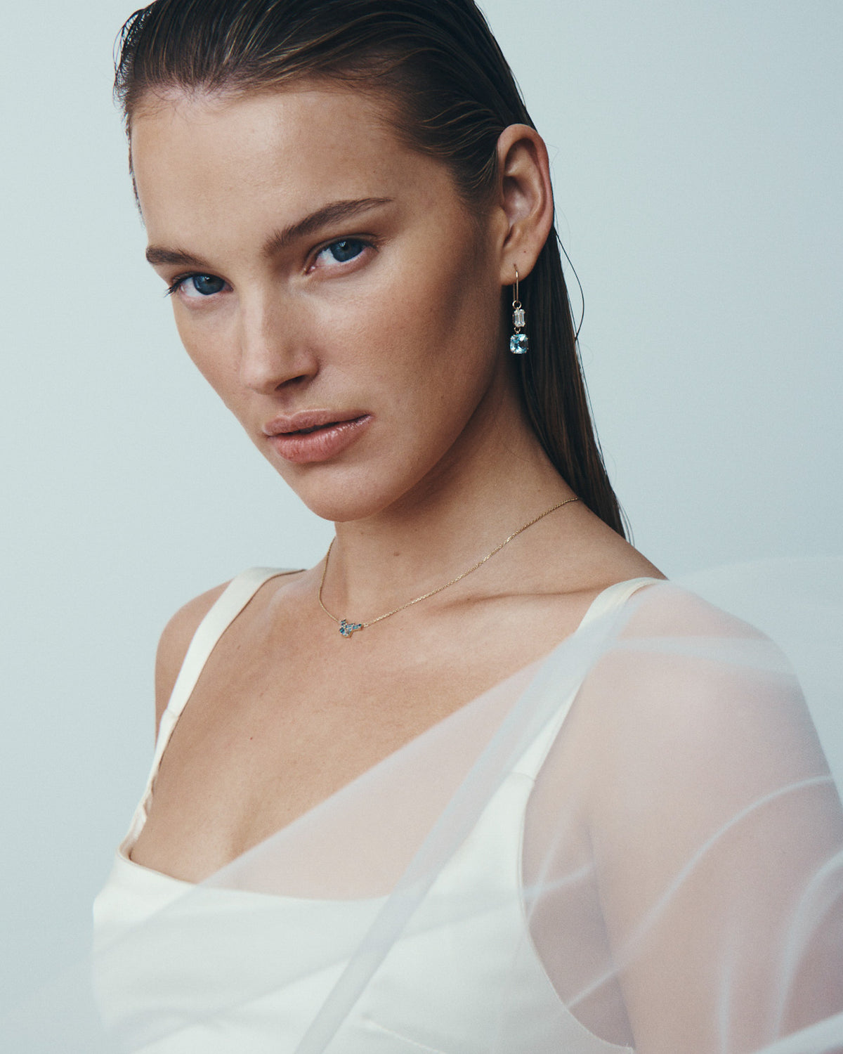 Monti Topaz Necklace Solid Gold, worn at the neck