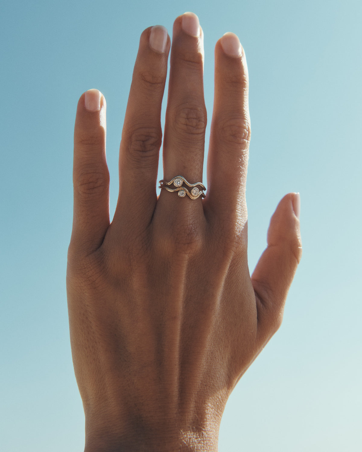Reva I and Reva II Diamond Rings Solid Gold, worn on the hand