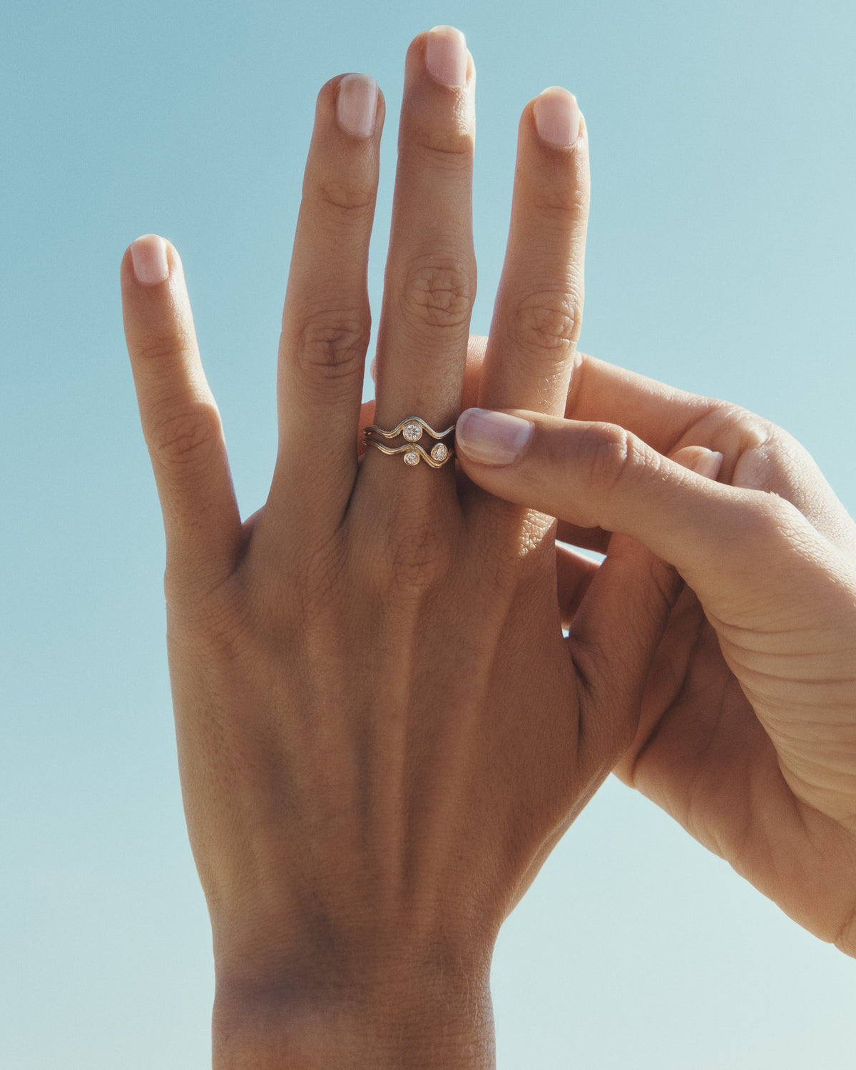 Reva I and Reva II Diamond Rings Solid Gold, worn on the hand