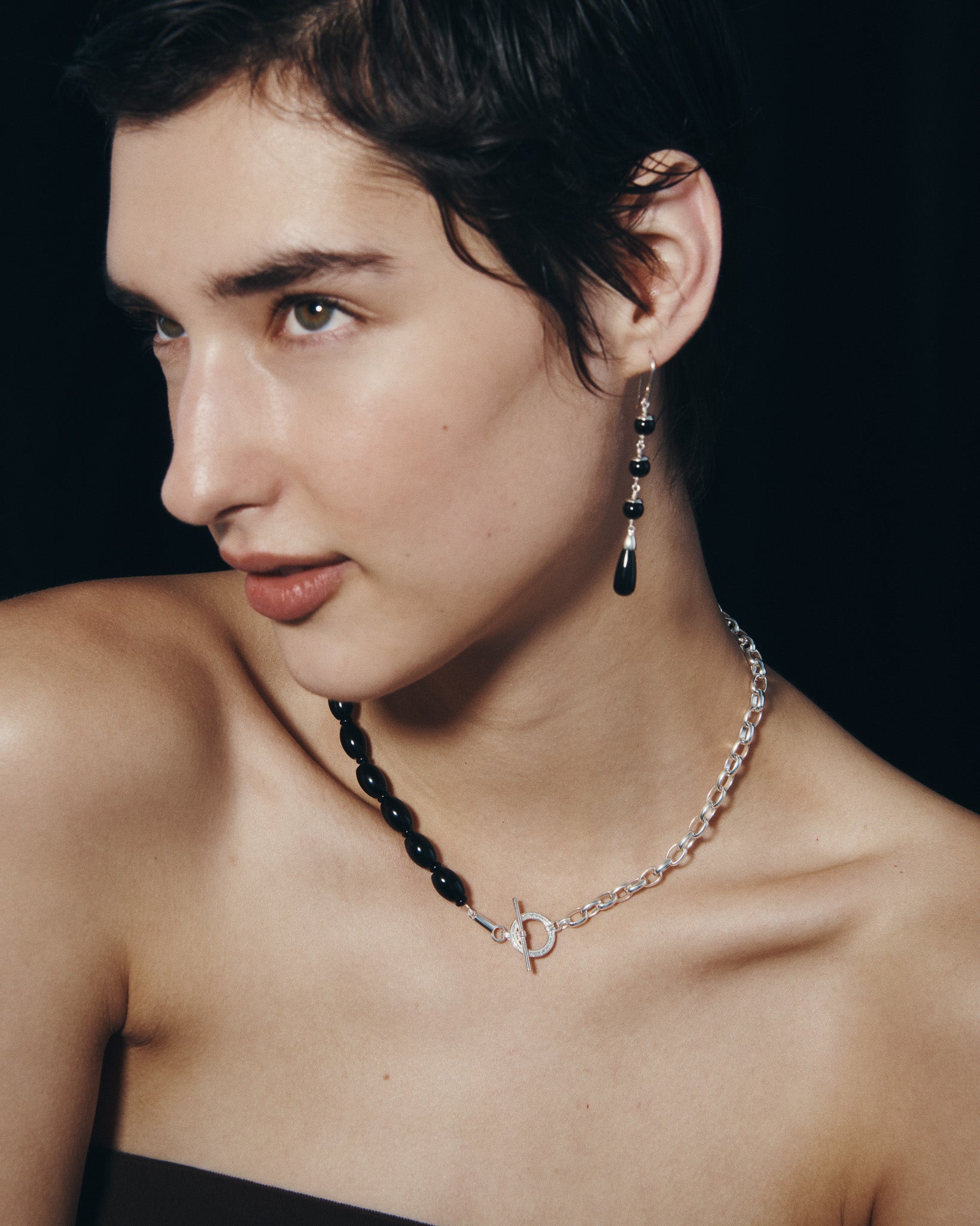 Sita Earrings and Sita Beaded Necklace in Silver, worn