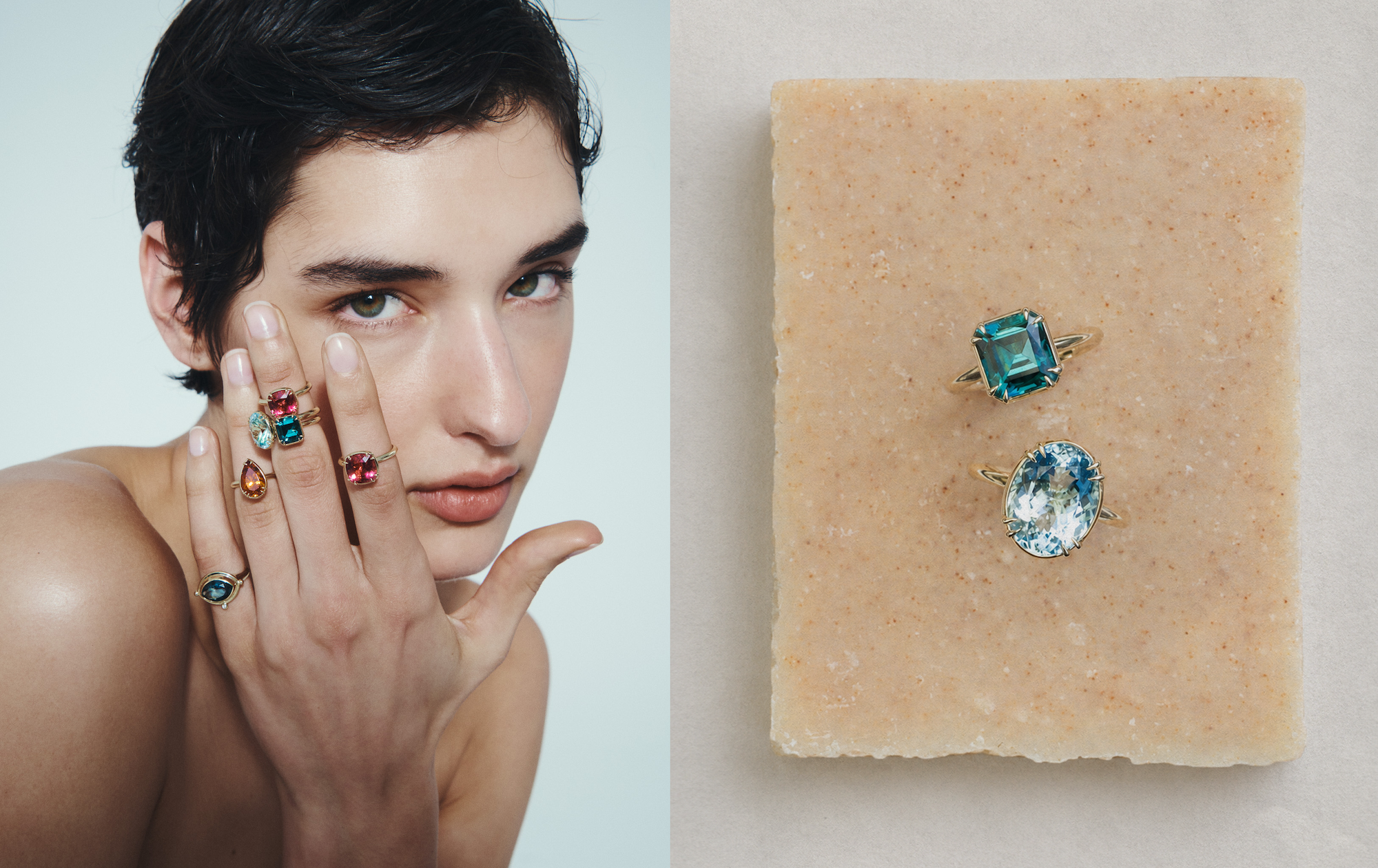 A split image showing a model on the left wearing multiple colorful gemstone rings on her fingers, and two rings displayed on a beige bar of soap on the right. The rings feature blue, green, red, and gold tones.