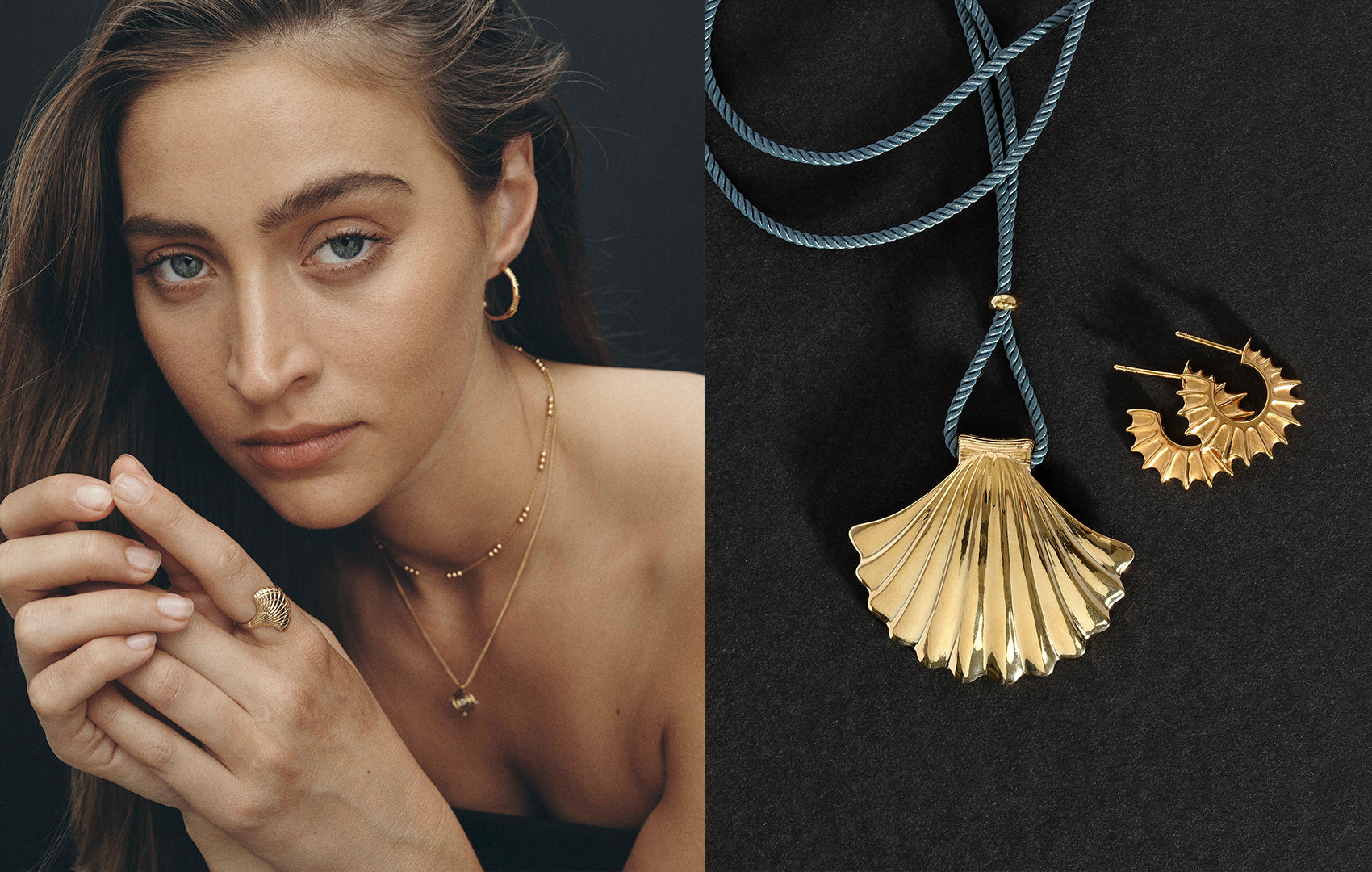 Woman wearing gold jewelry with a close-up of gold shell pendant and earring on a dark background