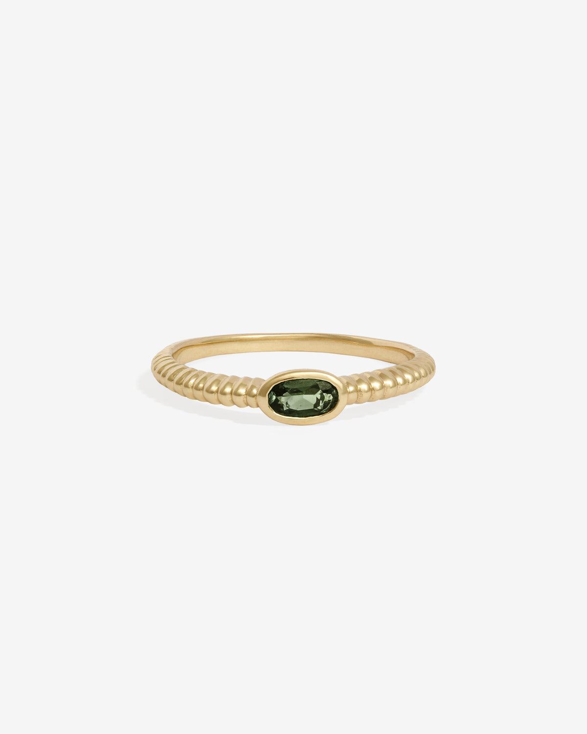 Wren Green Tourmaline Solitaire Ring Solid Gold, east-west oval green tourmaline