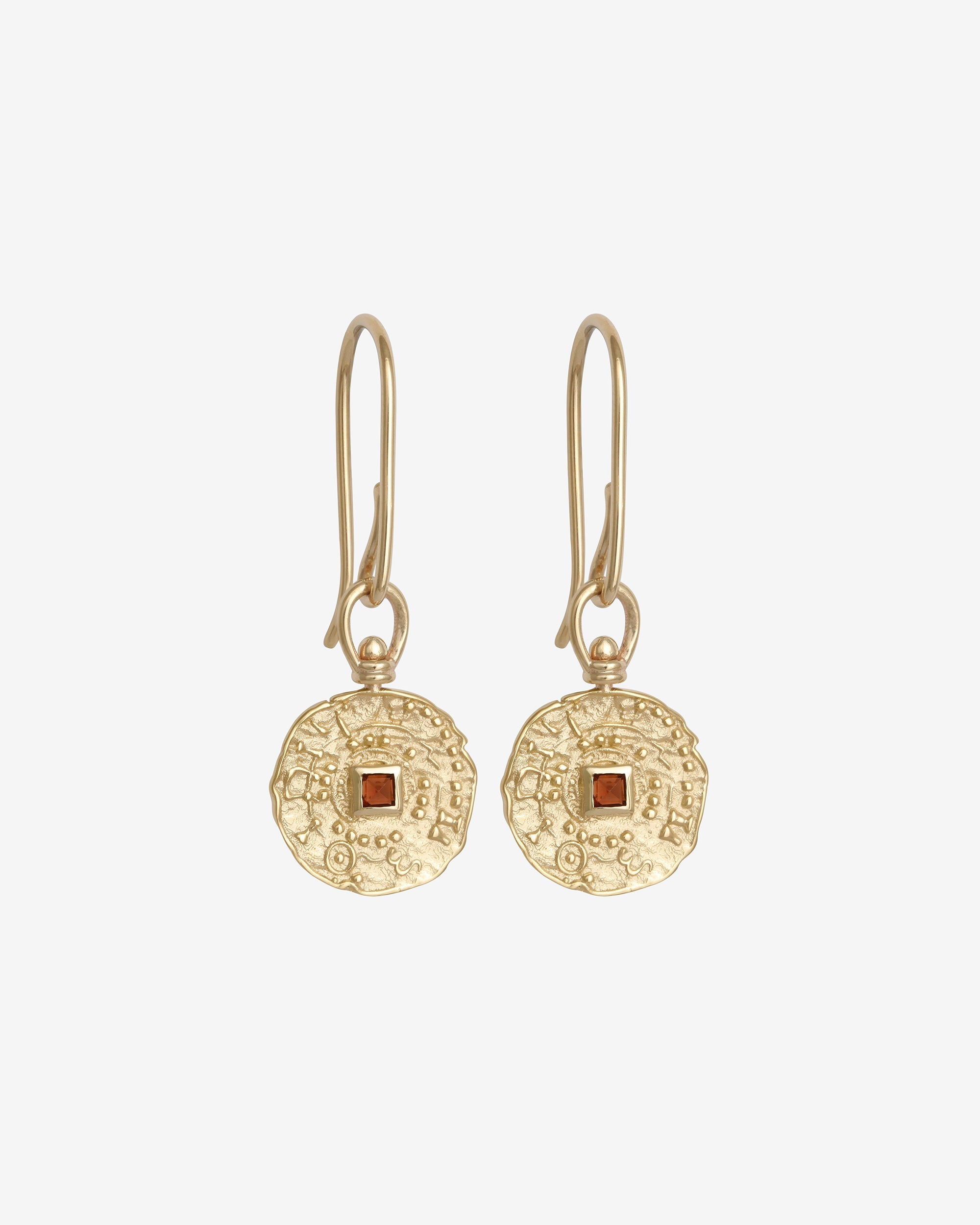 Temple of the Sun Atlantis Coin Earrings Garnet Solid Gold