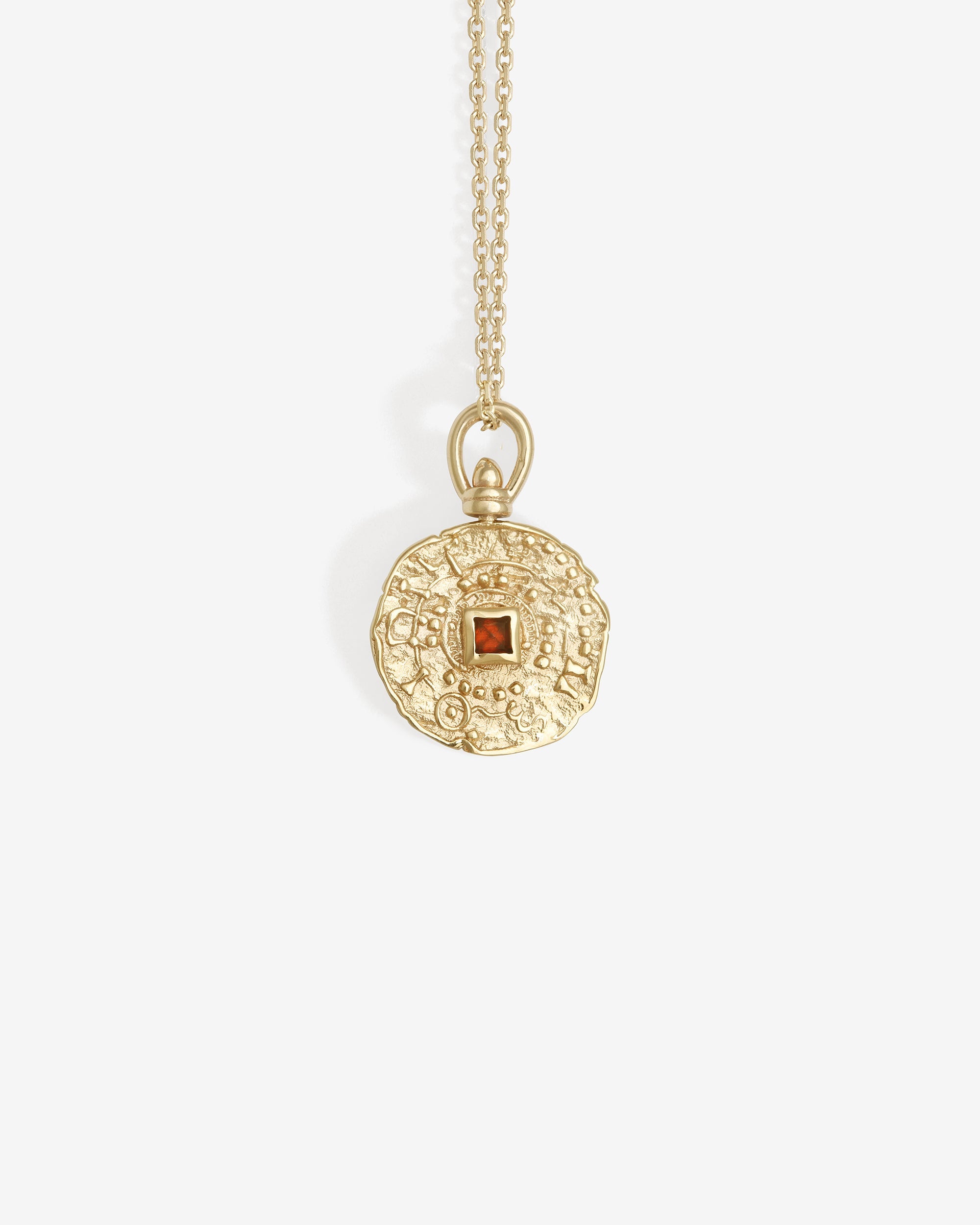 Temple of the Sun Atlantis Coin Necklace Garnet Solid Gold