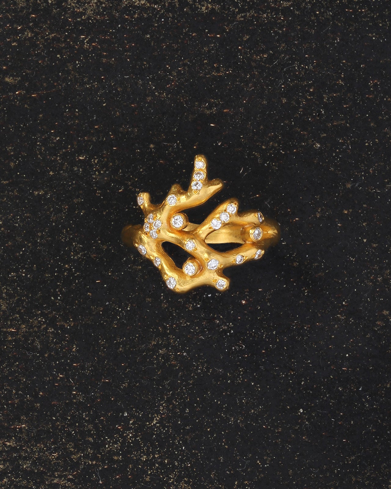 Temple of the Sun Coral Ring Diamond Solid Gold