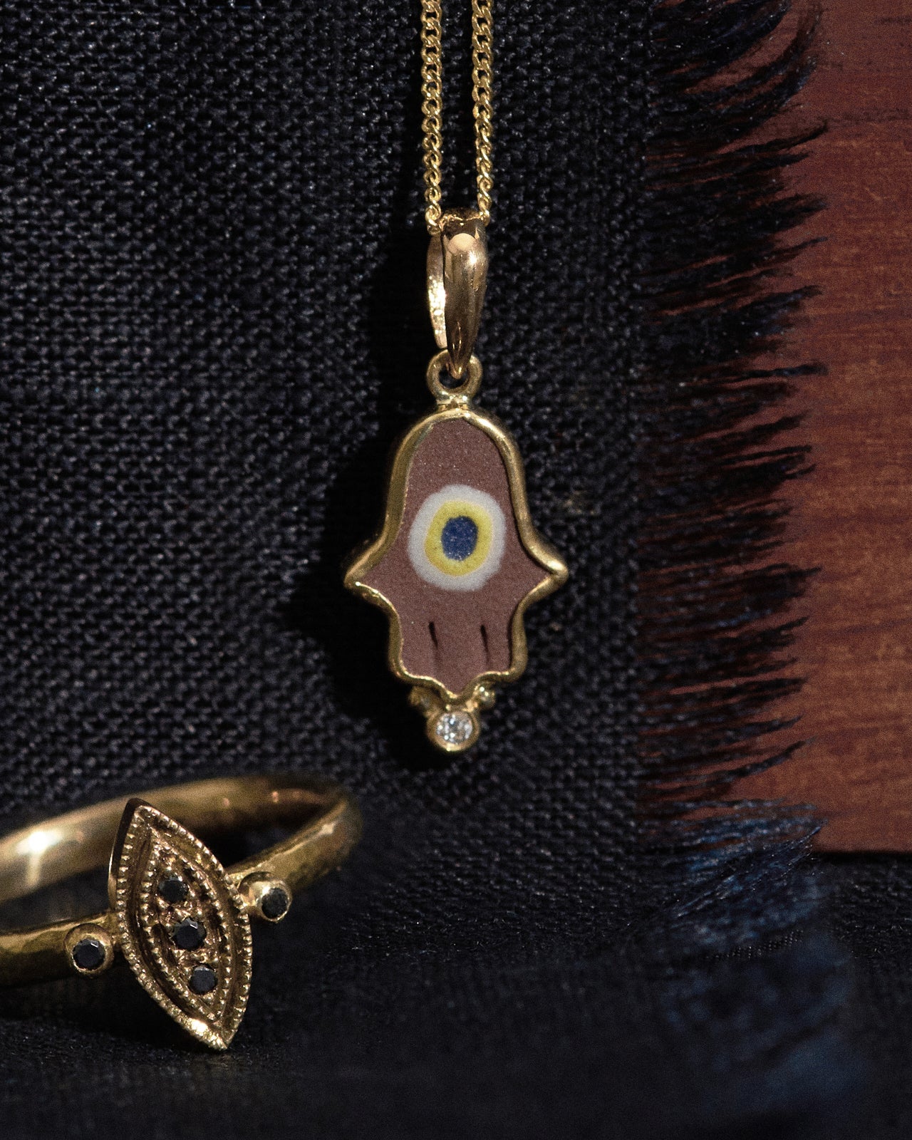 Temple of the Sun Hamsa Rust Necklace White Diamond Solid Gold