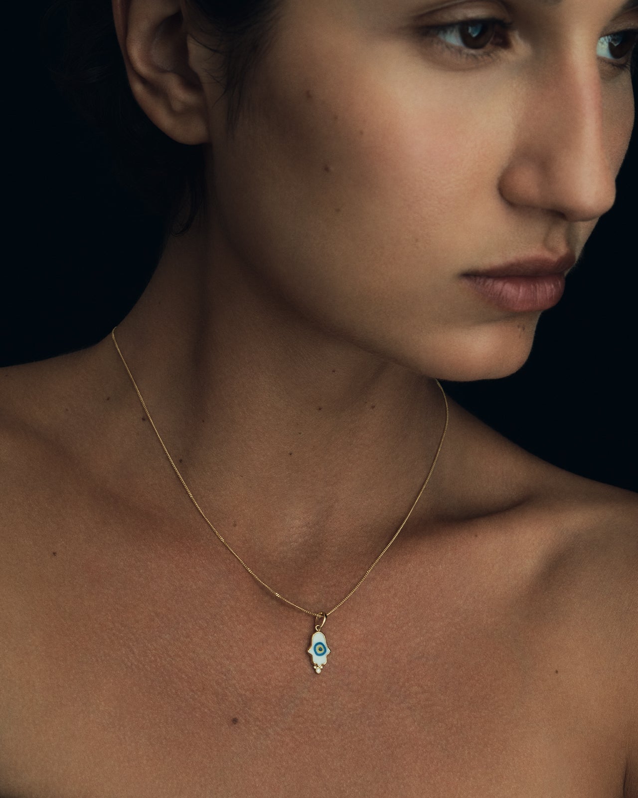 Temple of the Sun Hamsa White Necklace White Diamond Solid Gold