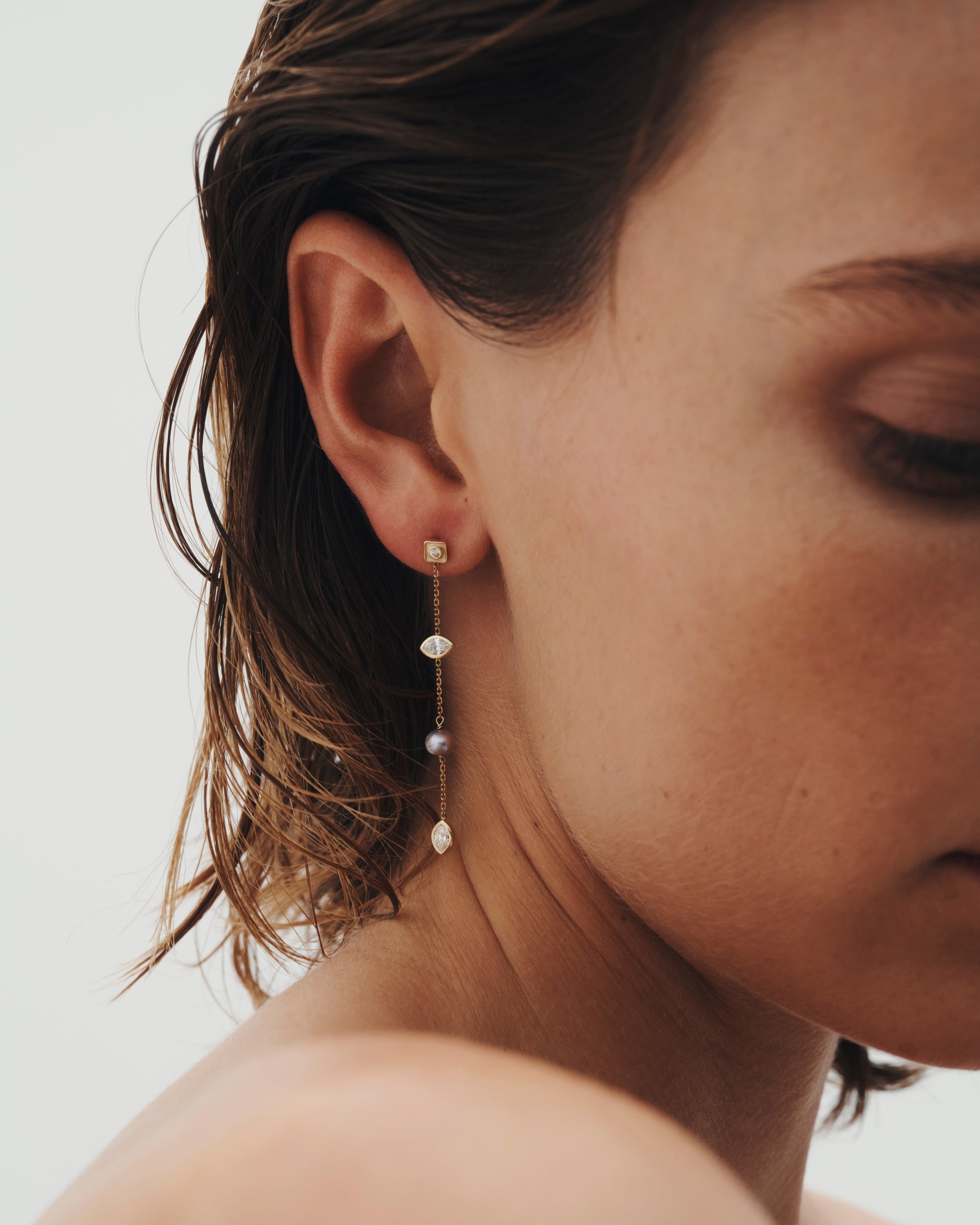 Temple of the Sun Mer Statement Earrings Pearl Diamond Solid Gold