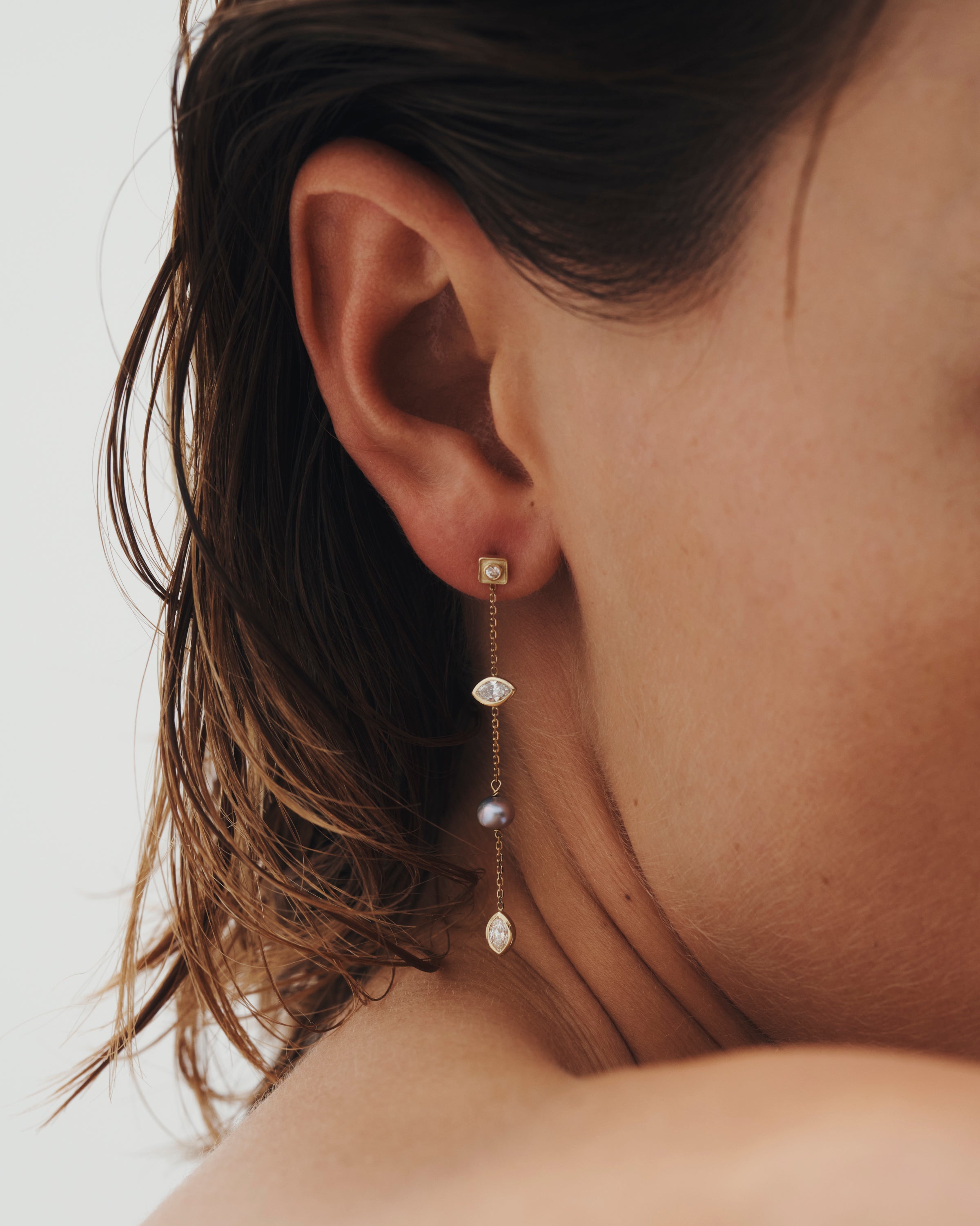 Temple of the Sun Mer Statement Earrings Pearl Diamond Solid Gold