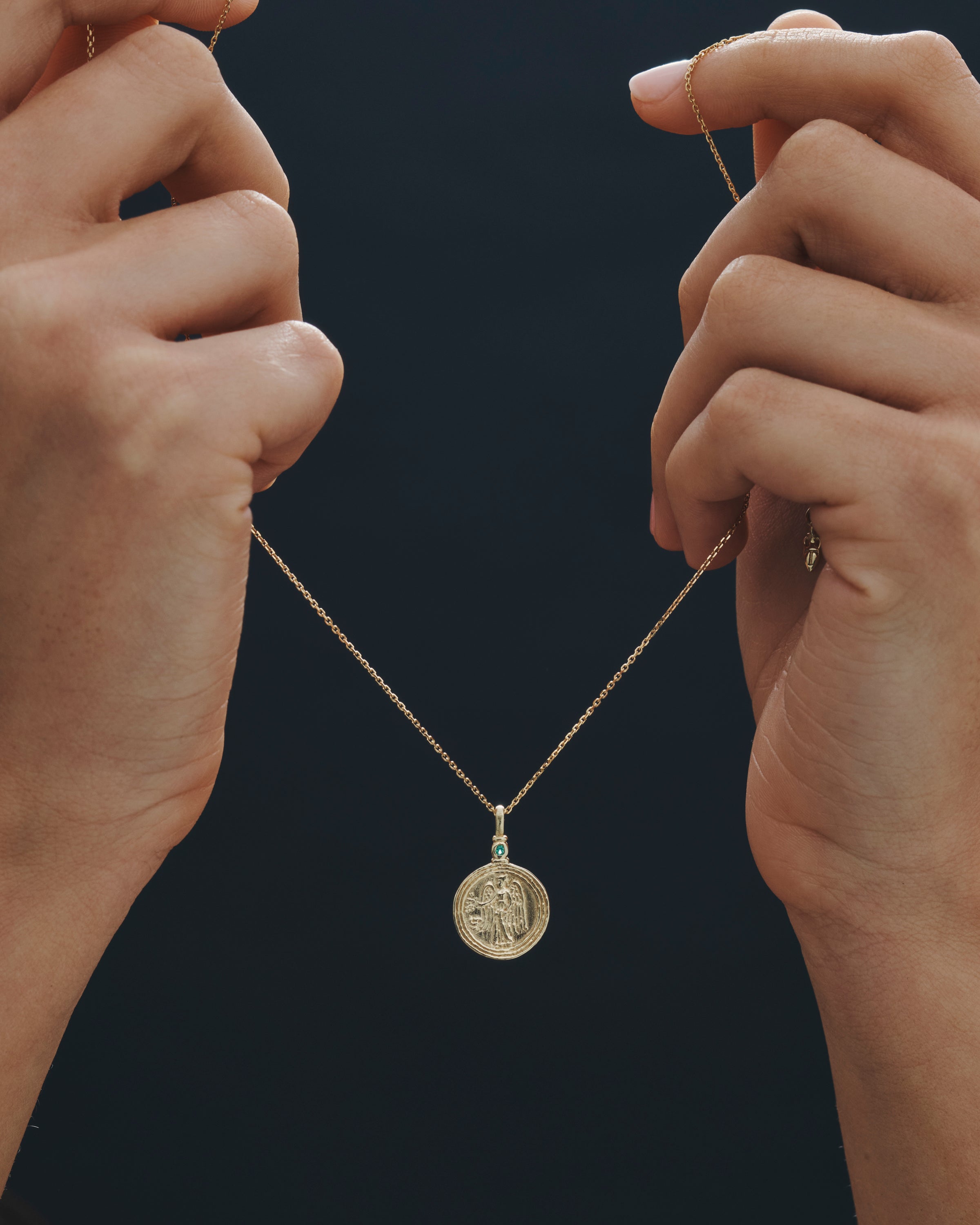 Temple of the Sun Serafina Coin Necklace Emerald Solid Gold